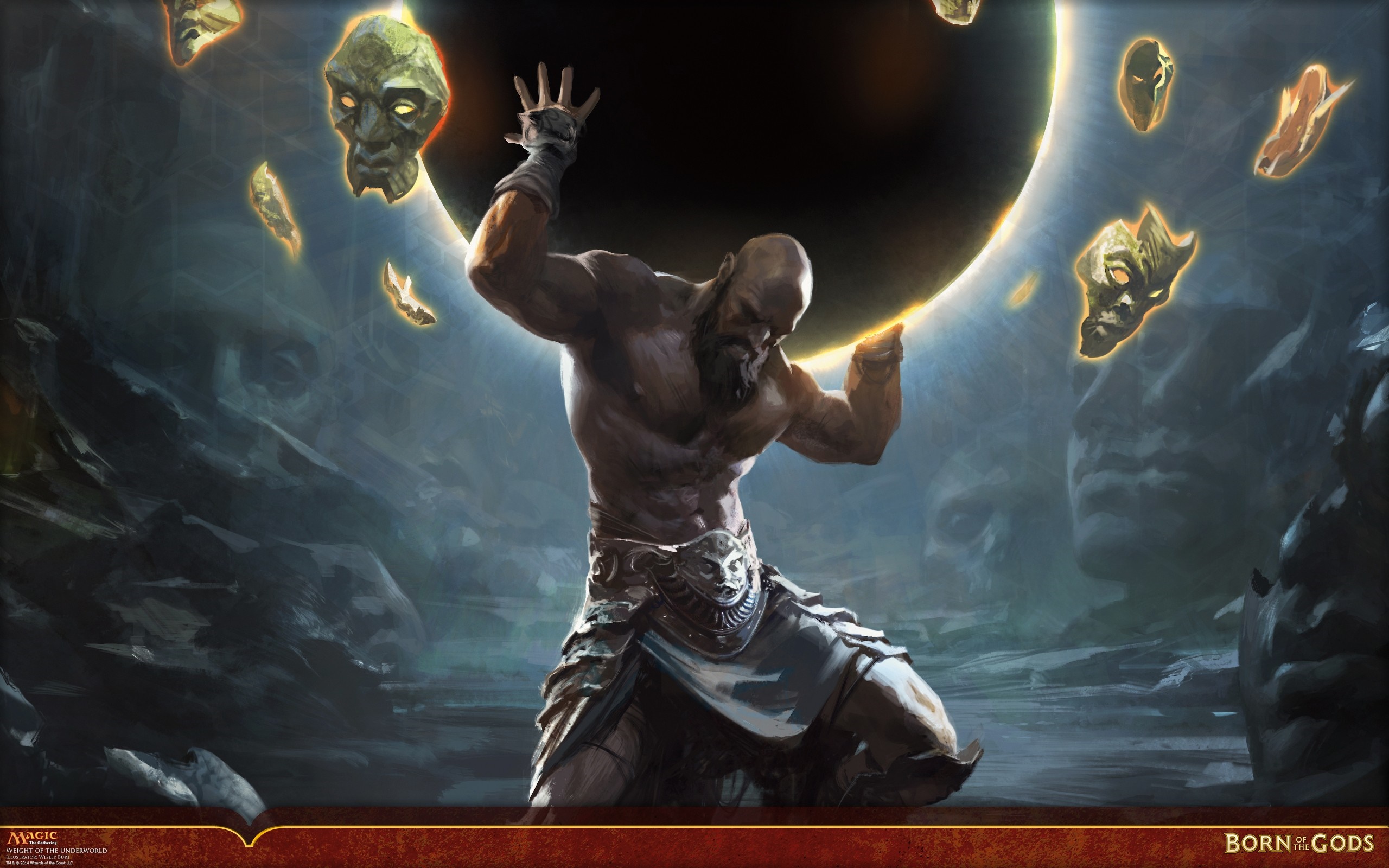 A Titan holding a celestial body, surrounded by masks HD Wallpaper