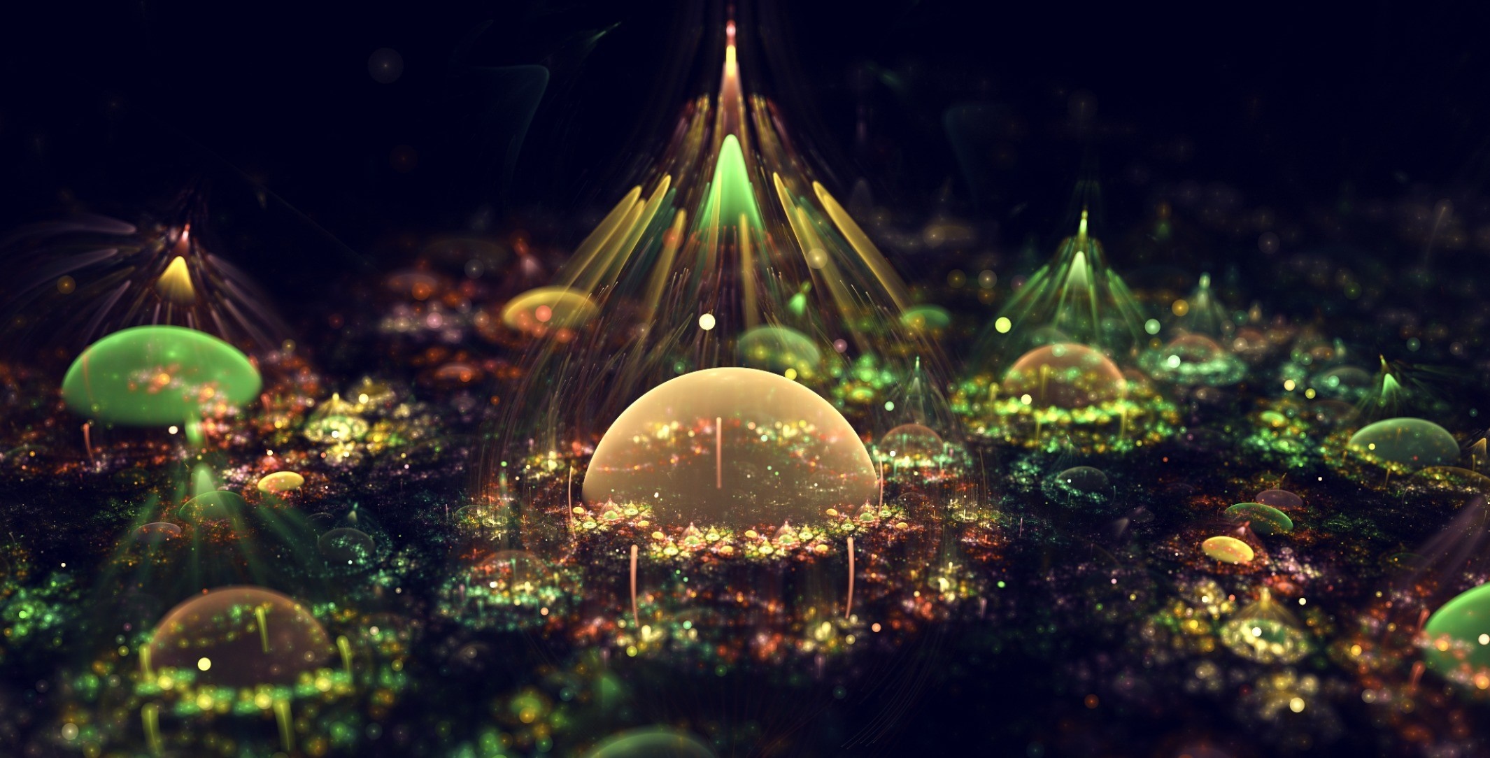 Abstract fractal art with glowing bubbles and lights HD Wallpaper