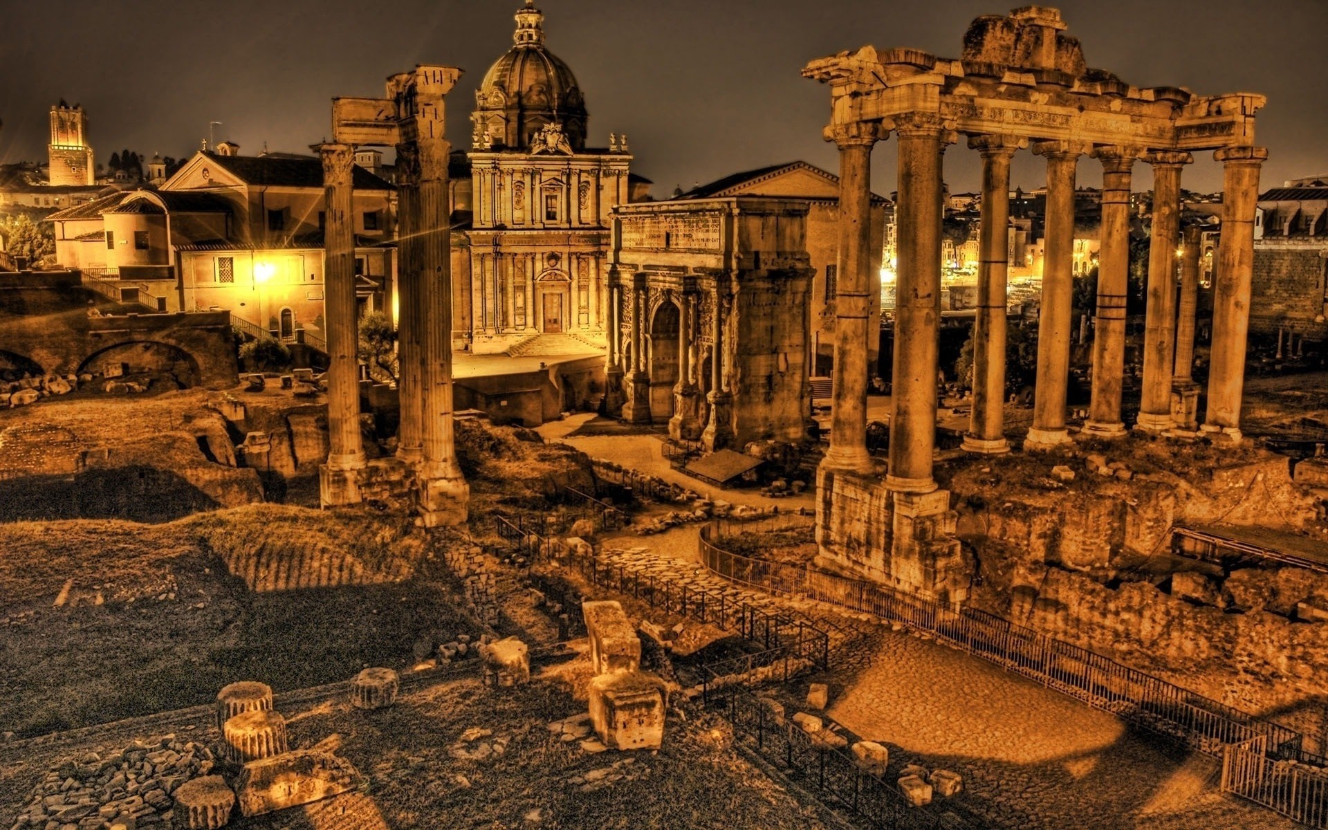 Roman Forum ruins at night HD Wallpaper