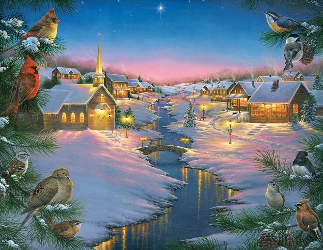Birds in a Snowy Village at Christmas HD Wallpaper