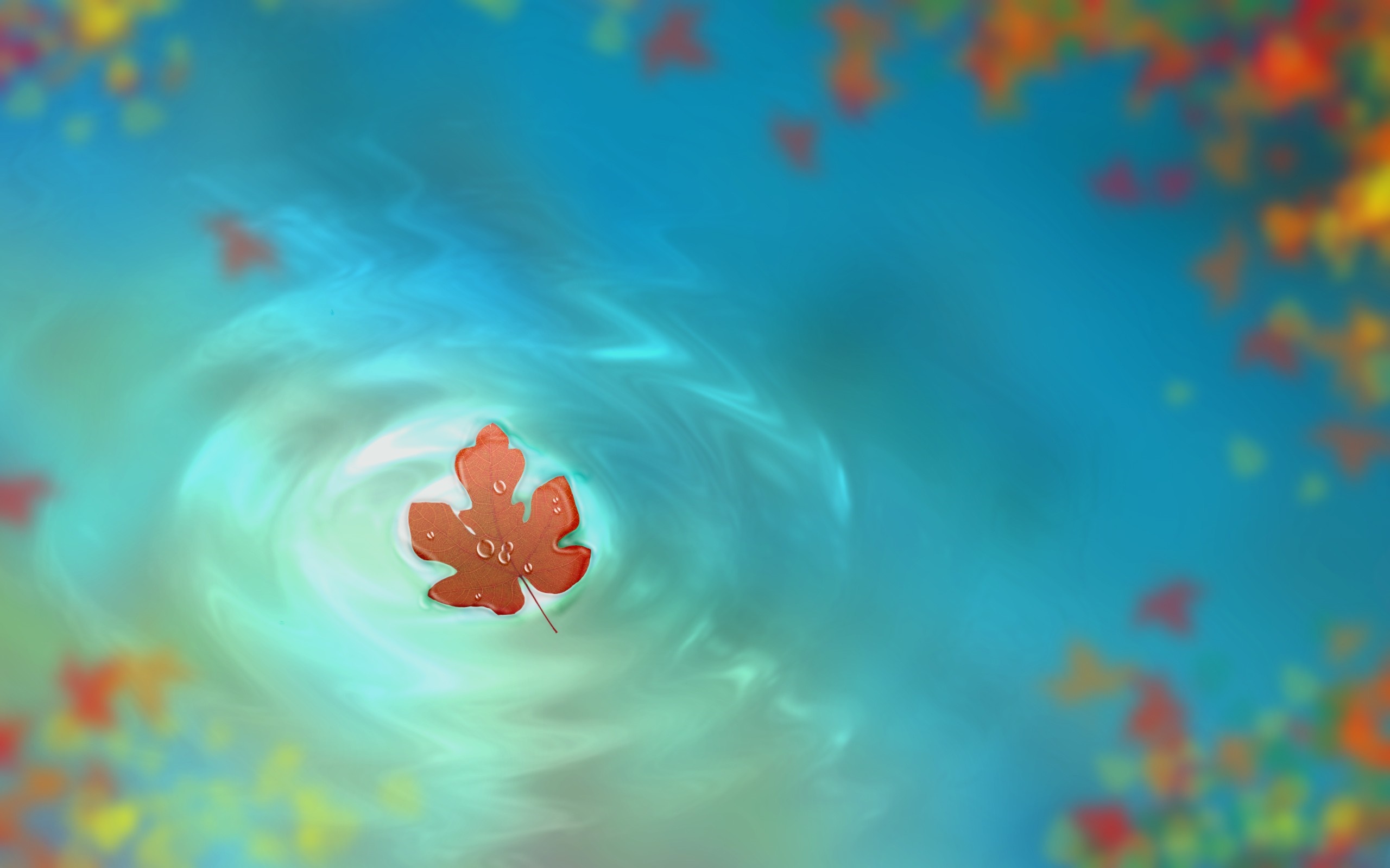 Orange leaf floating in swirling blue water HD Wallpaper