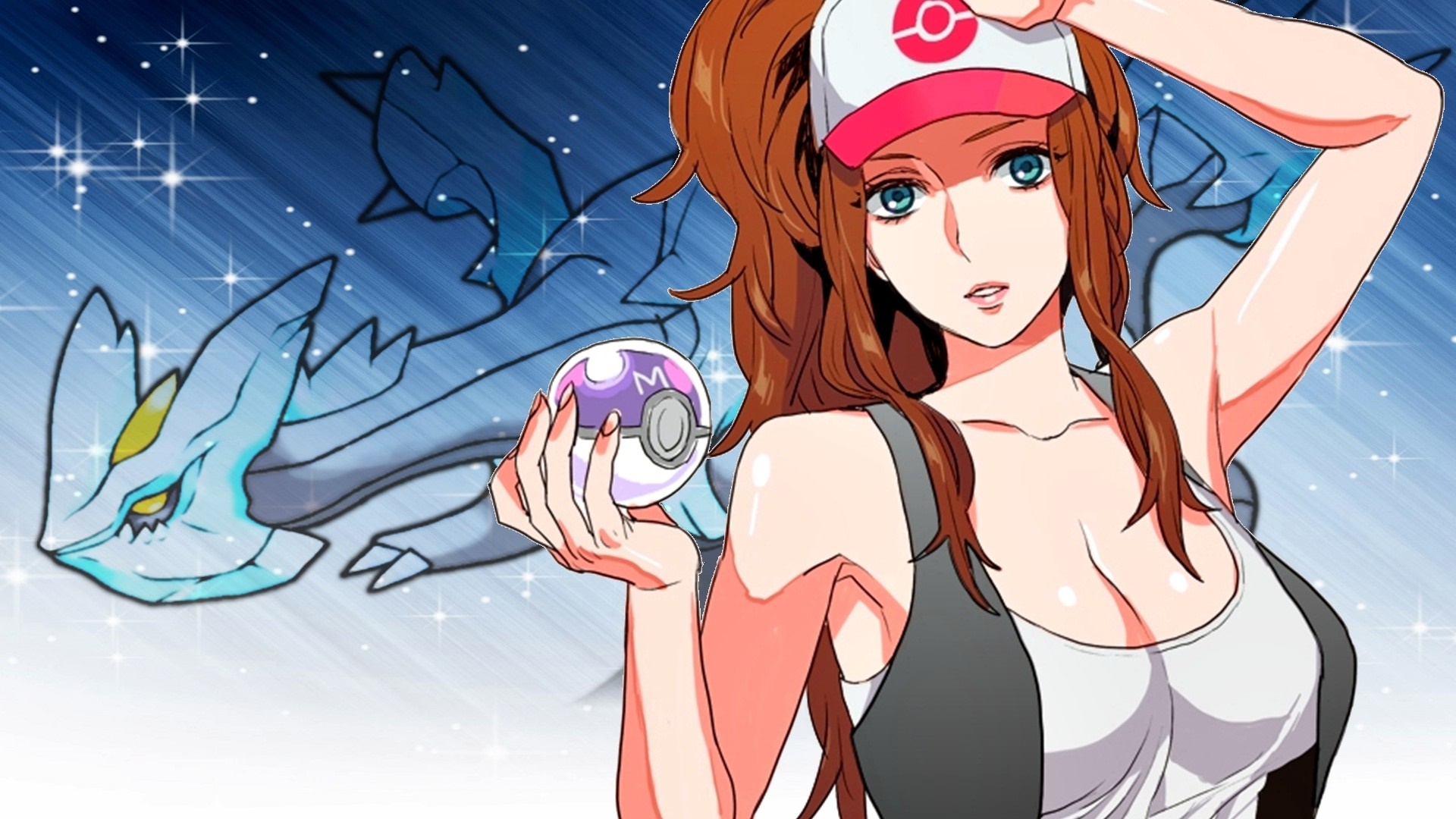 Girl with Pokemon ball and dragon-like creature HD Wallpaper