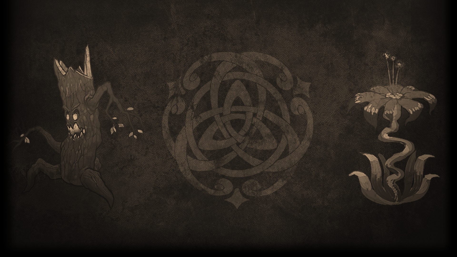 Illustration of a tree monster, Celtic knot, and a flower HD Wallpaper