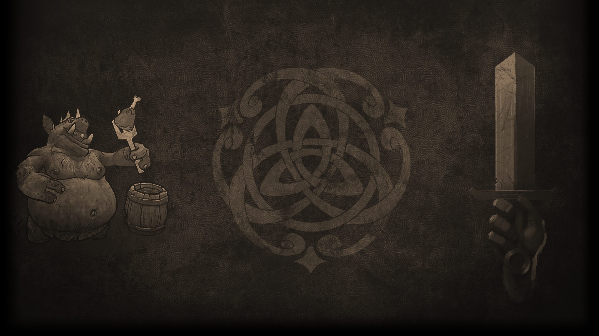 Orc holding chicken leg with sword and Celtic knot HD Wallpaper