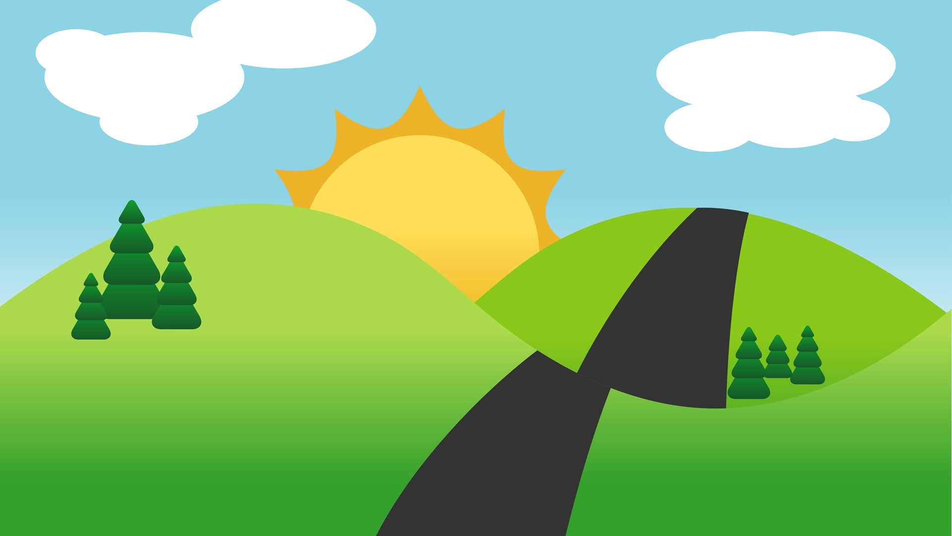 Minimalist Sunny Landscape with Green Hills and Trees HD Wallpaper