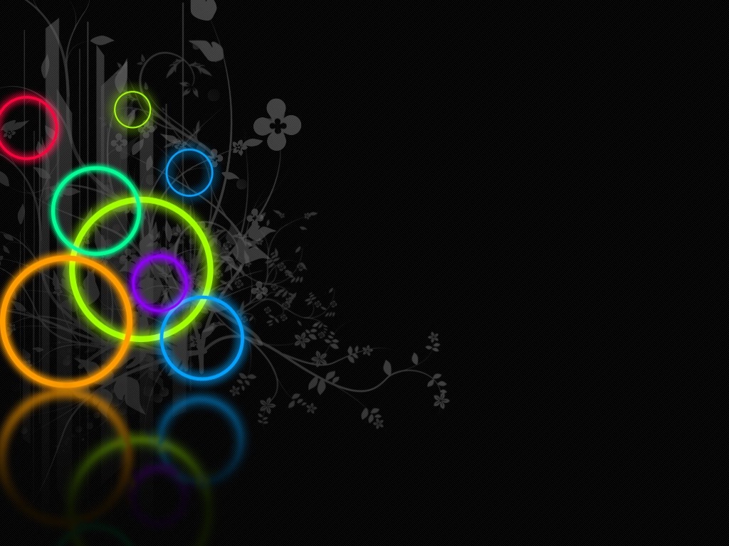 Neon circles on black background with floral design HD Wallpaper