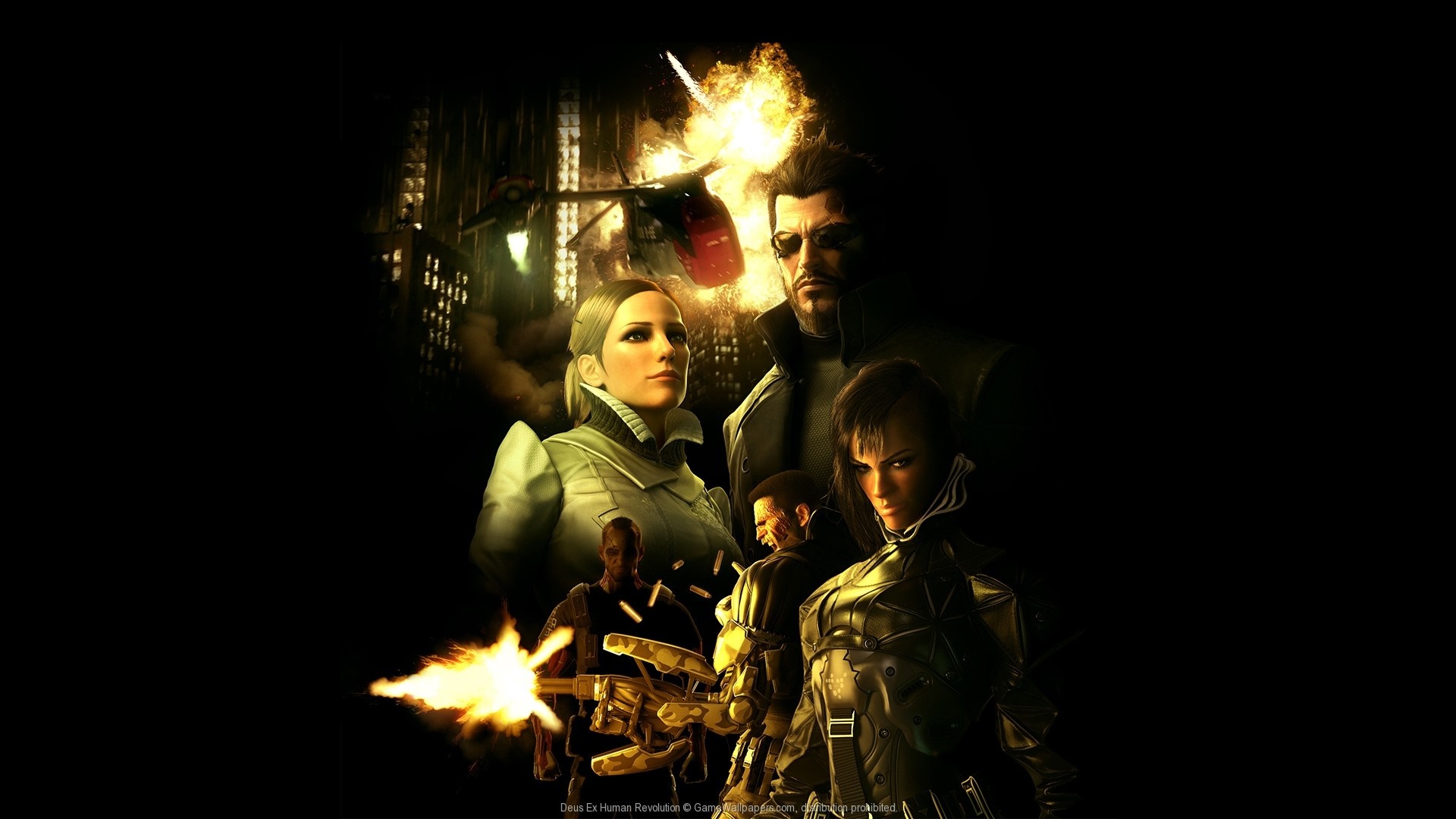 Deus Ex Human Revolution characters with explosion and helicopter HD Wallpaper