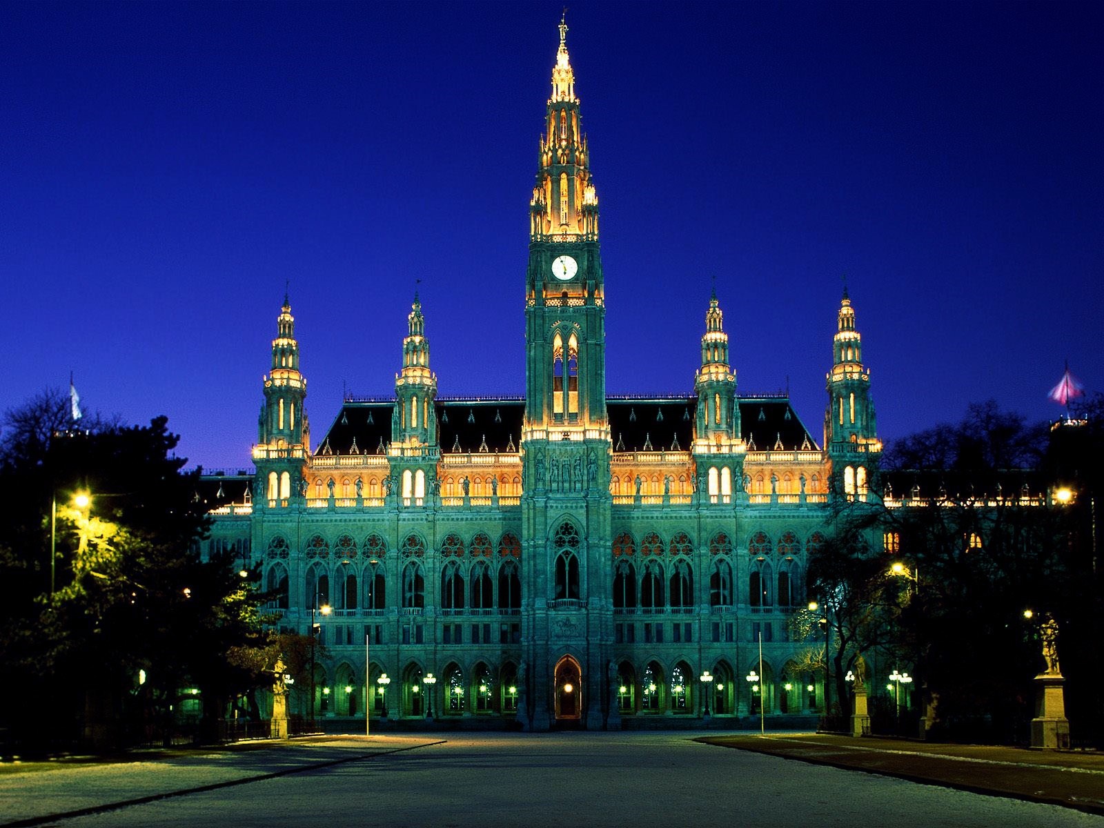 Vienna City Hall illuminated at night HD Wallpaper