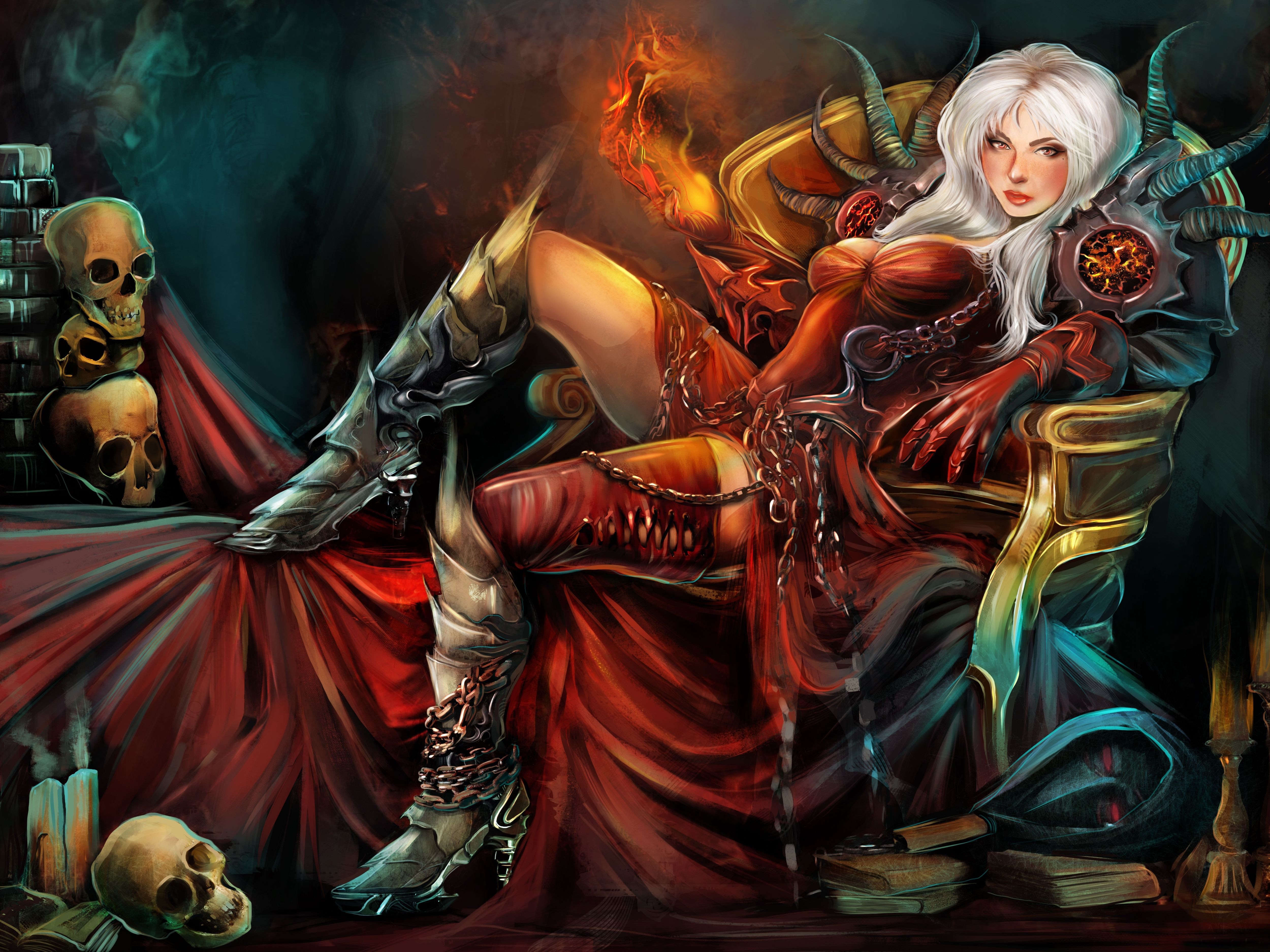 Fantasy art of a demon queen on a throne with skulls HD Wallpaper