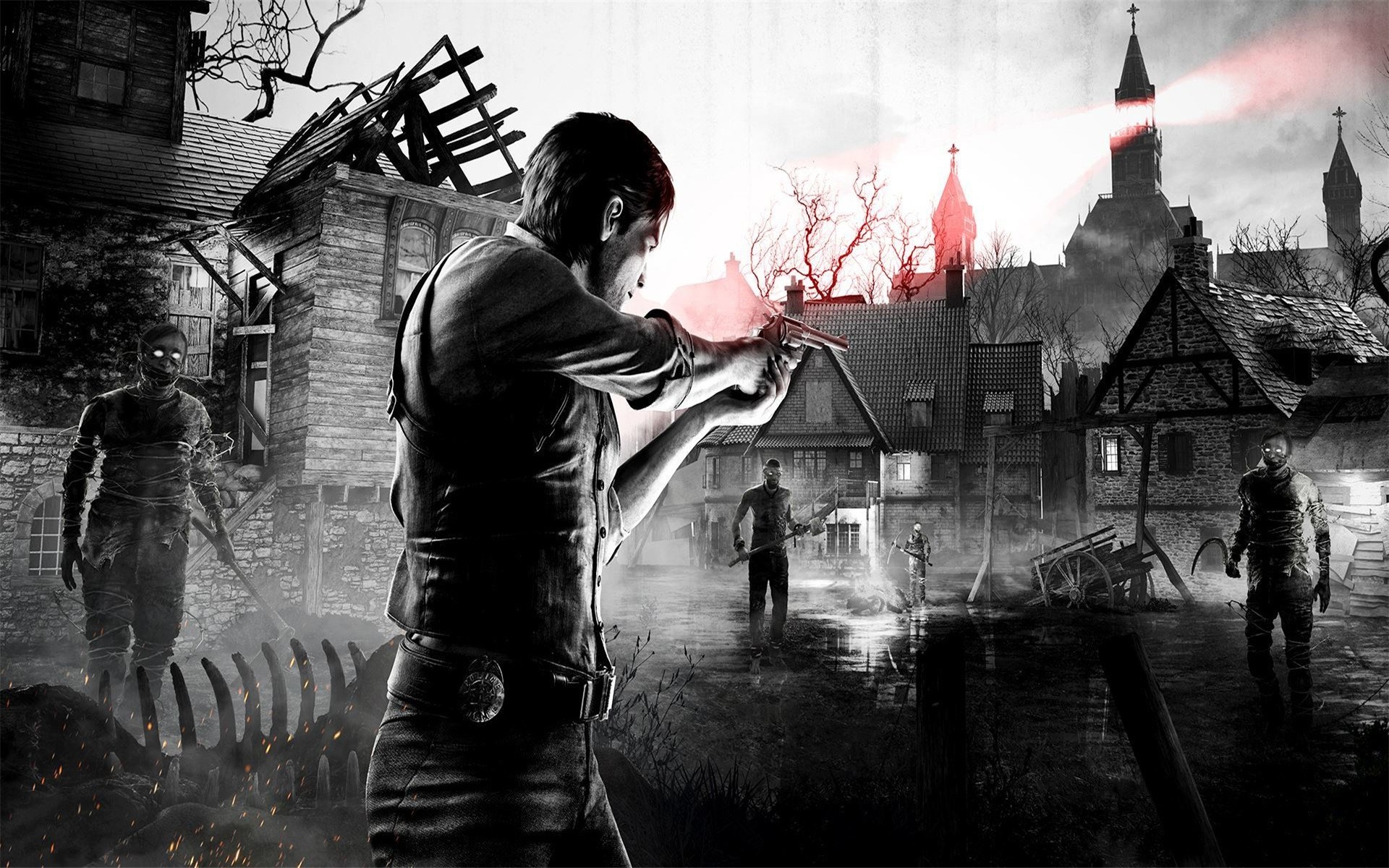 The Evil Within video game art with zombies and a man with a gun HD Wallpaper