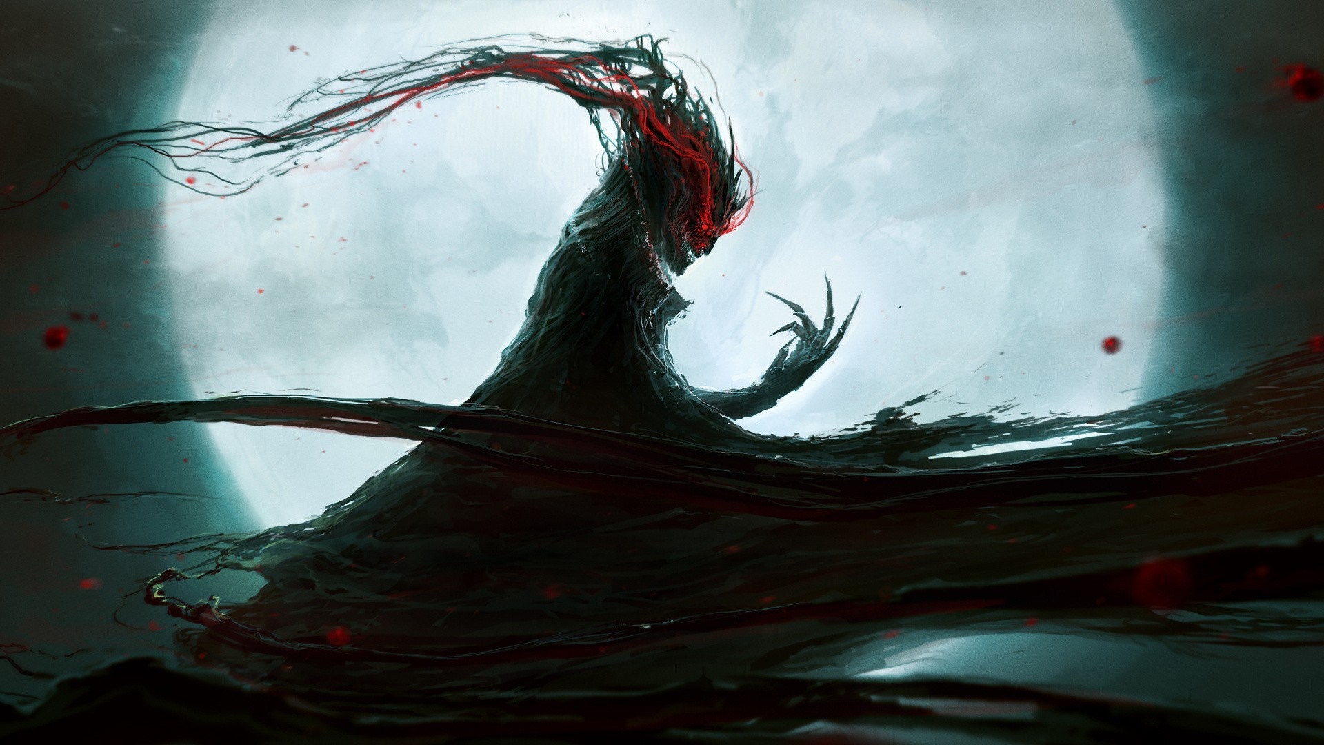 Dark creature with red eyes under the moon HD Wallpaper