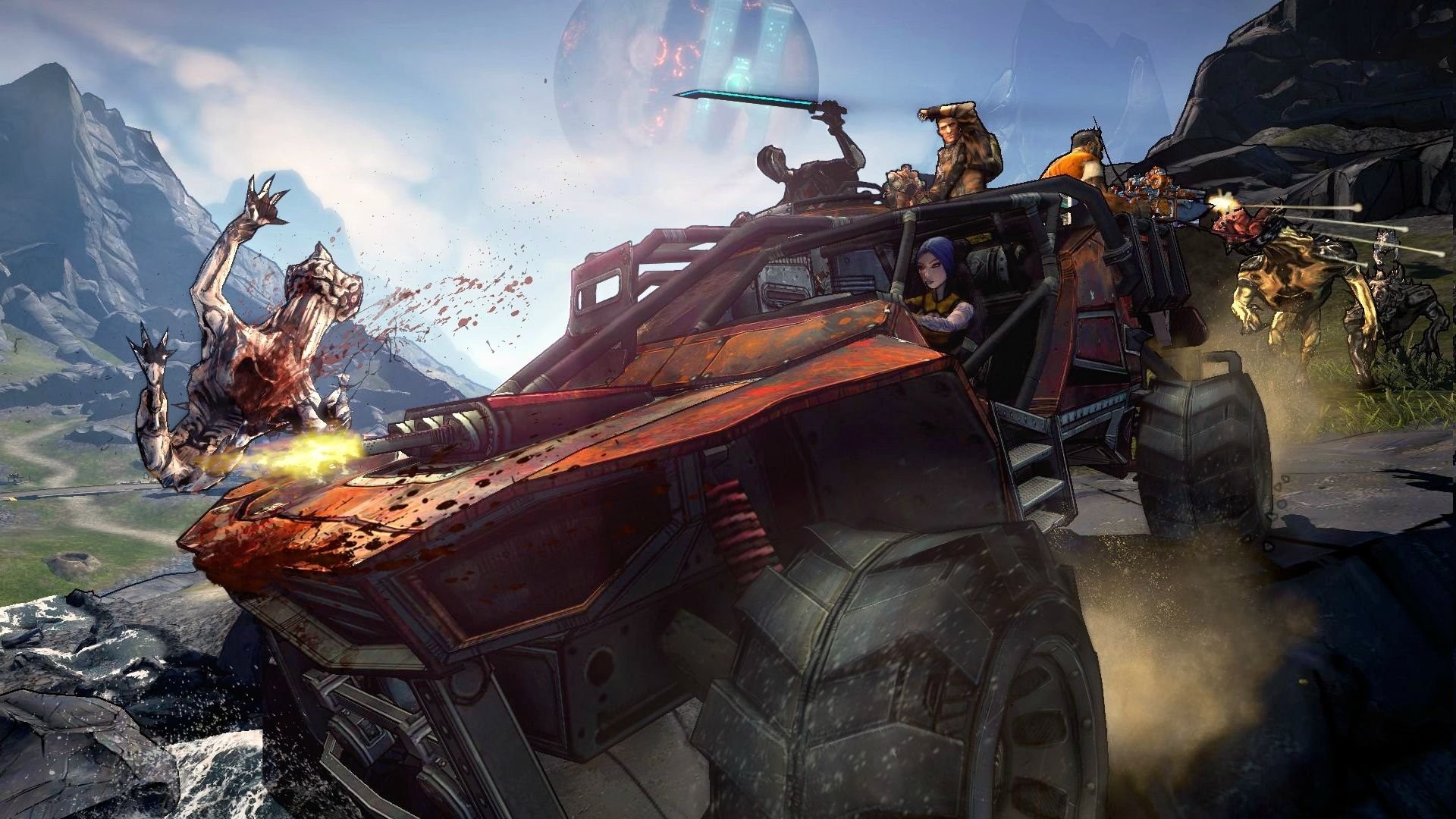 Borderlands 2 screenshot of characters in a vehicle fighting monsters HD Wallpaper