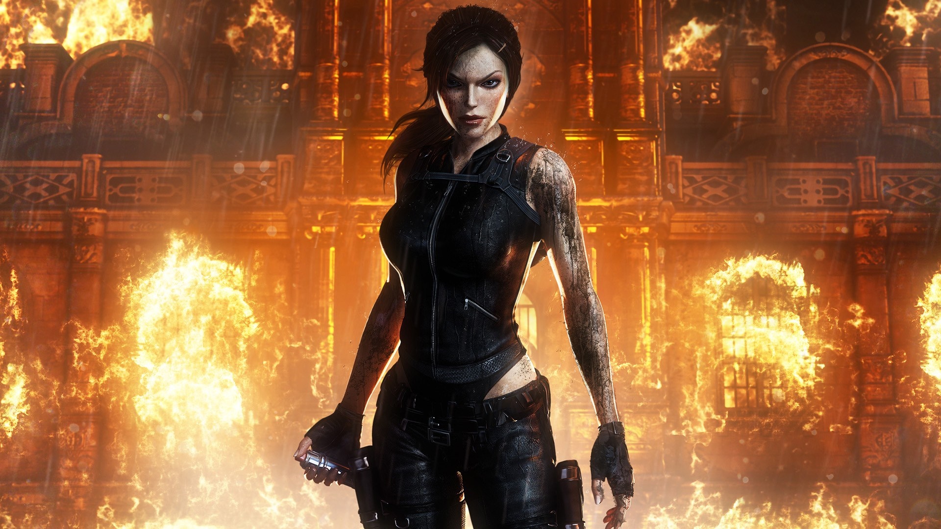 Lara Croft from Tomb Raider in a burning building HD Wallpaper