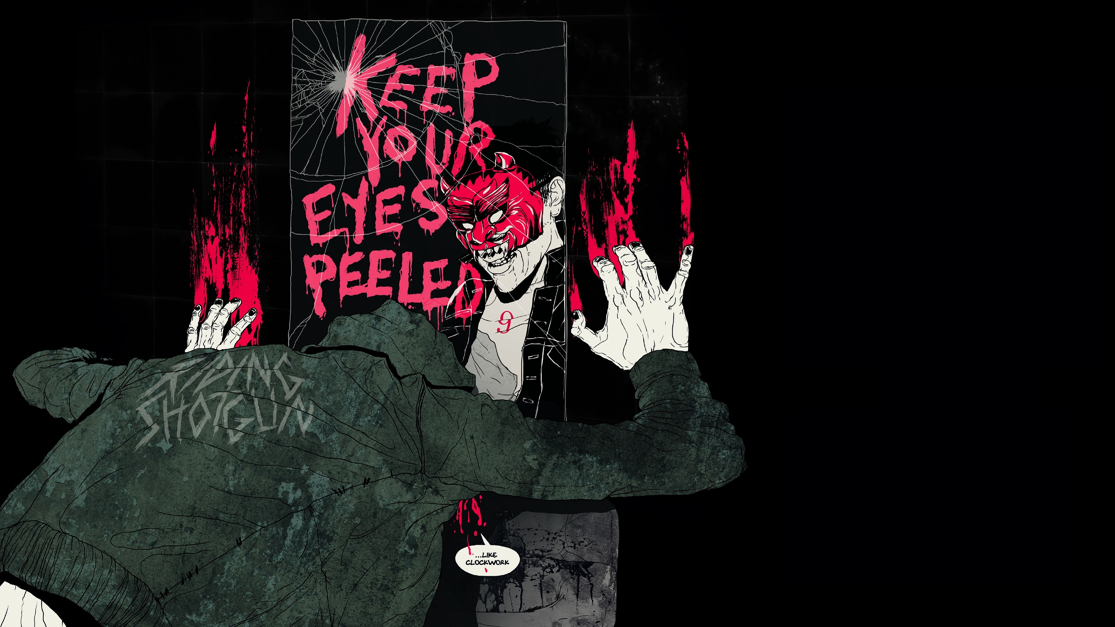 Illustration of a person in a hoodie and a masked figure HD Wallpaper