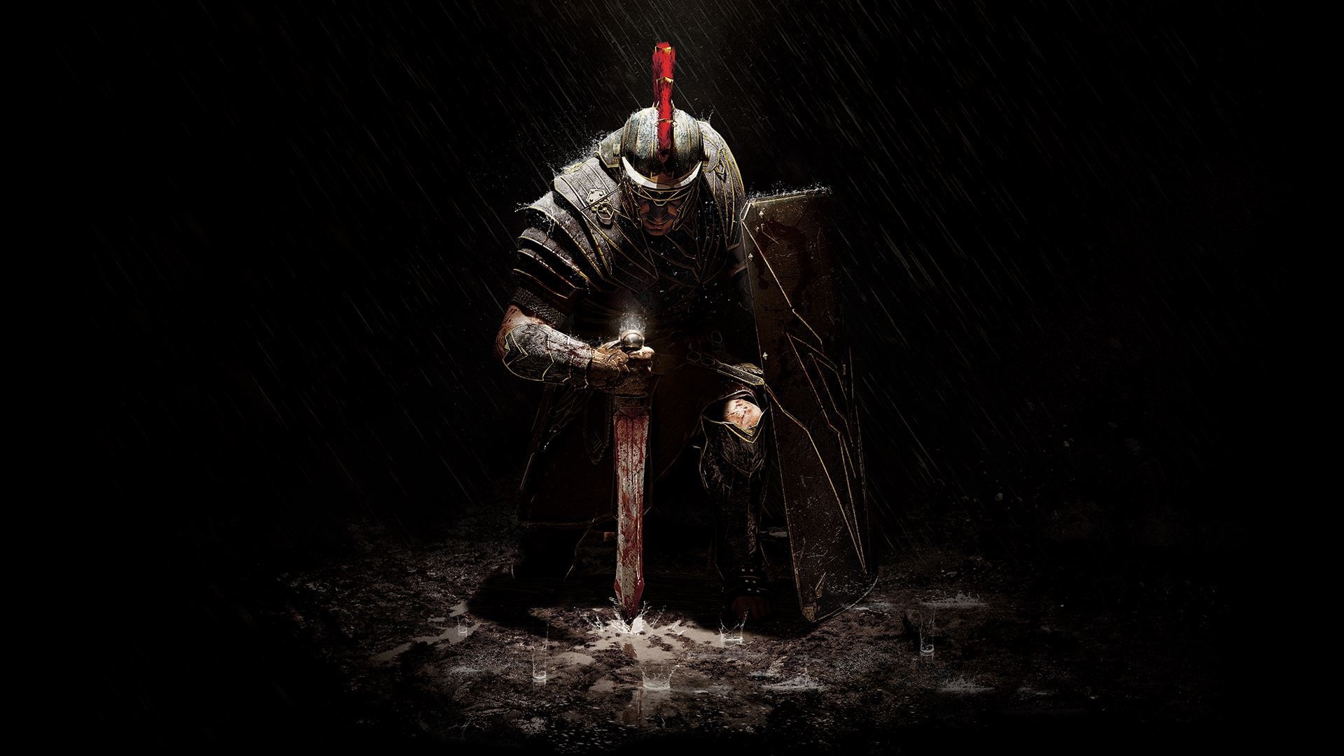 Roman soldier kneeling in the rain with a sword HD Wallpaper