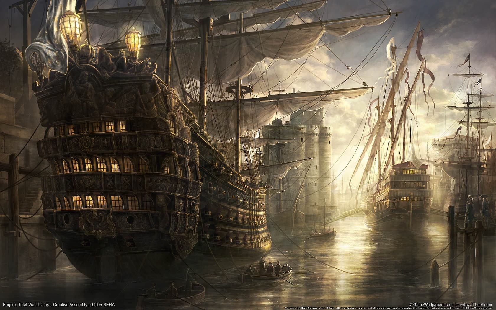 Galleons docked in a harbor with castle in background HD Wallpaper