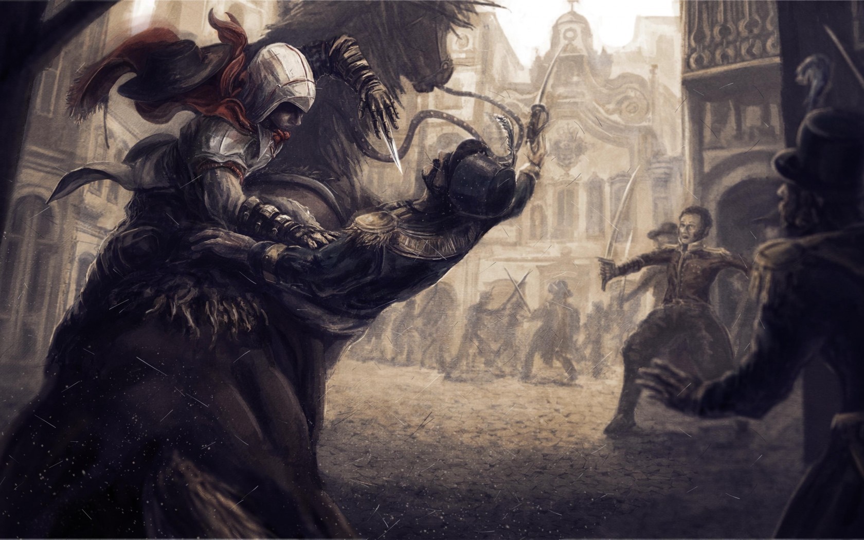 Assassin from Assassin's Creed on horseback attacking a soldier HD Wallpaper