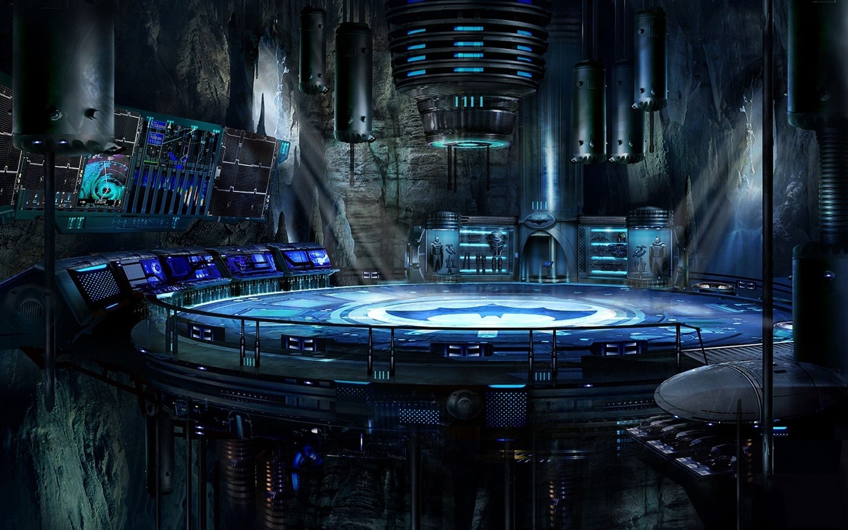 The Batcave with computer consoles and Bat-symbol HD Wallpaper
