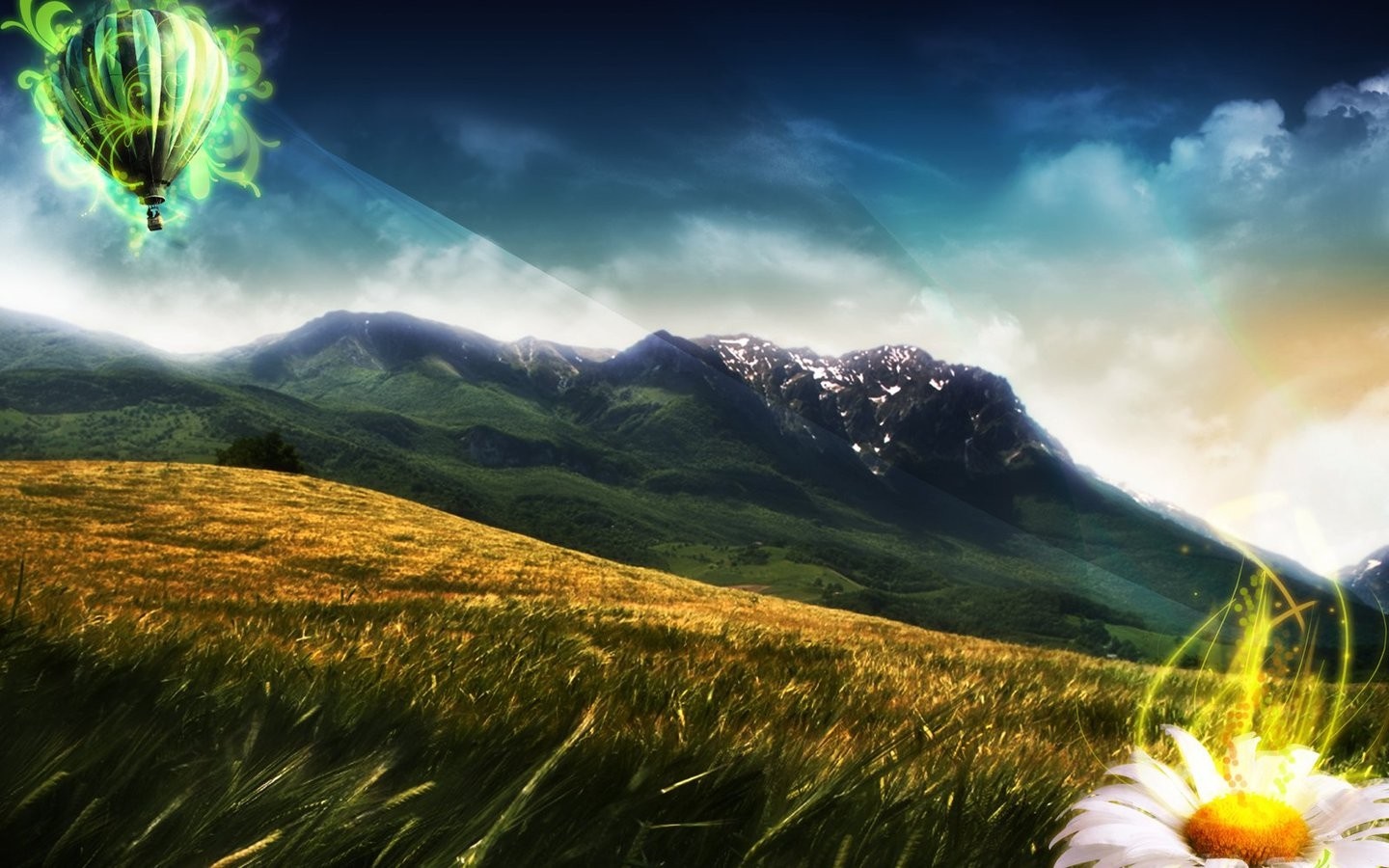 Fantasy hot air balloon over mountains and meadow HD Wallpaper