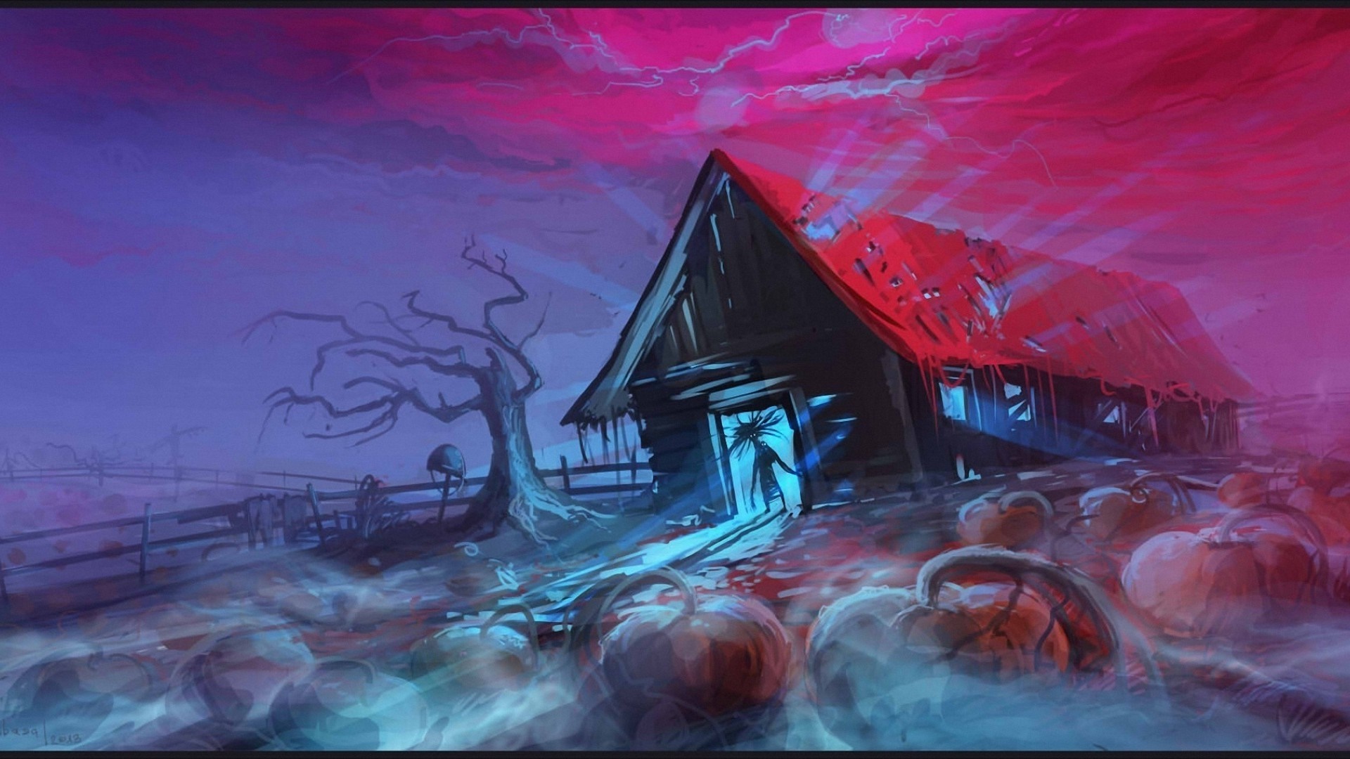 Haunted barn with pumpkins and spooky tree HD Wallpaper