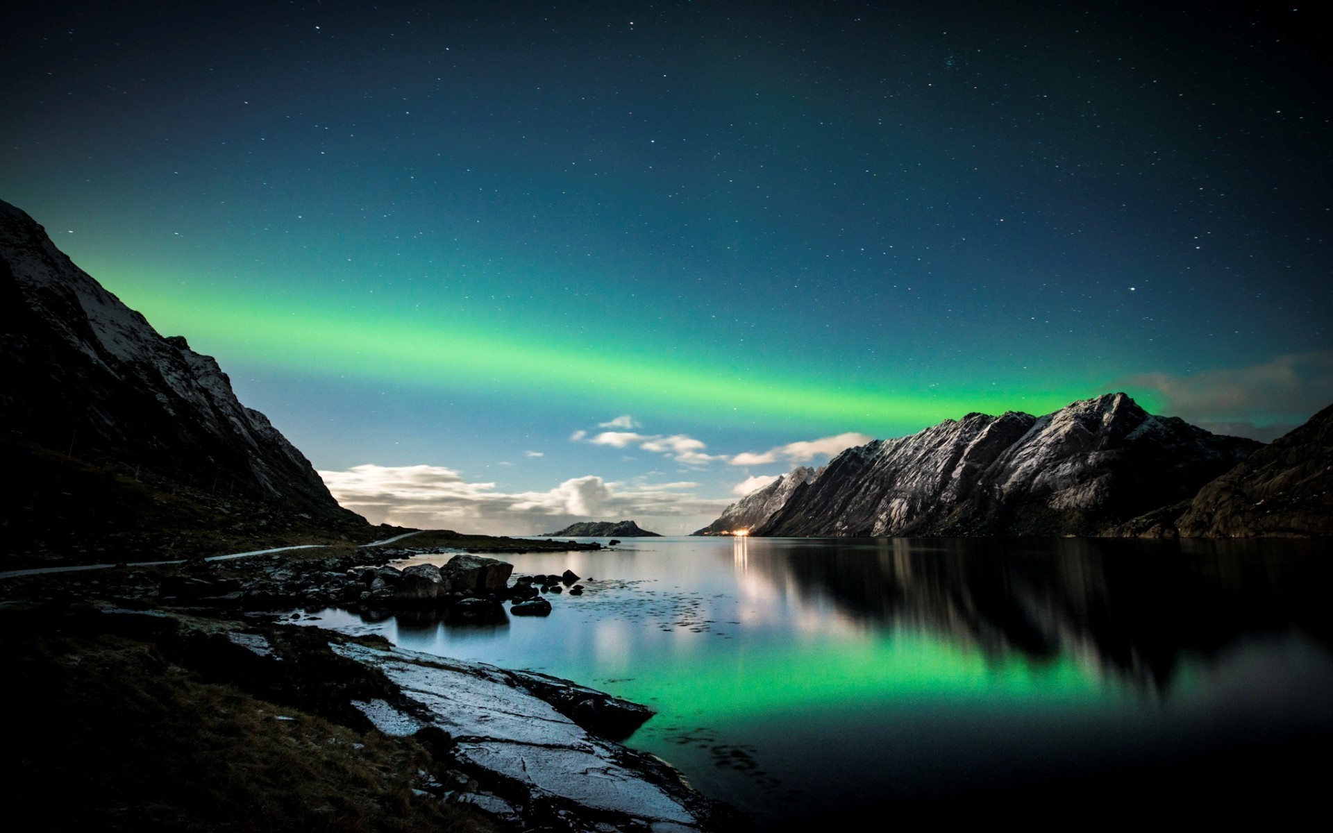 Aurora Borealis over a Norwegian Fjord at Night HD Wallpaper