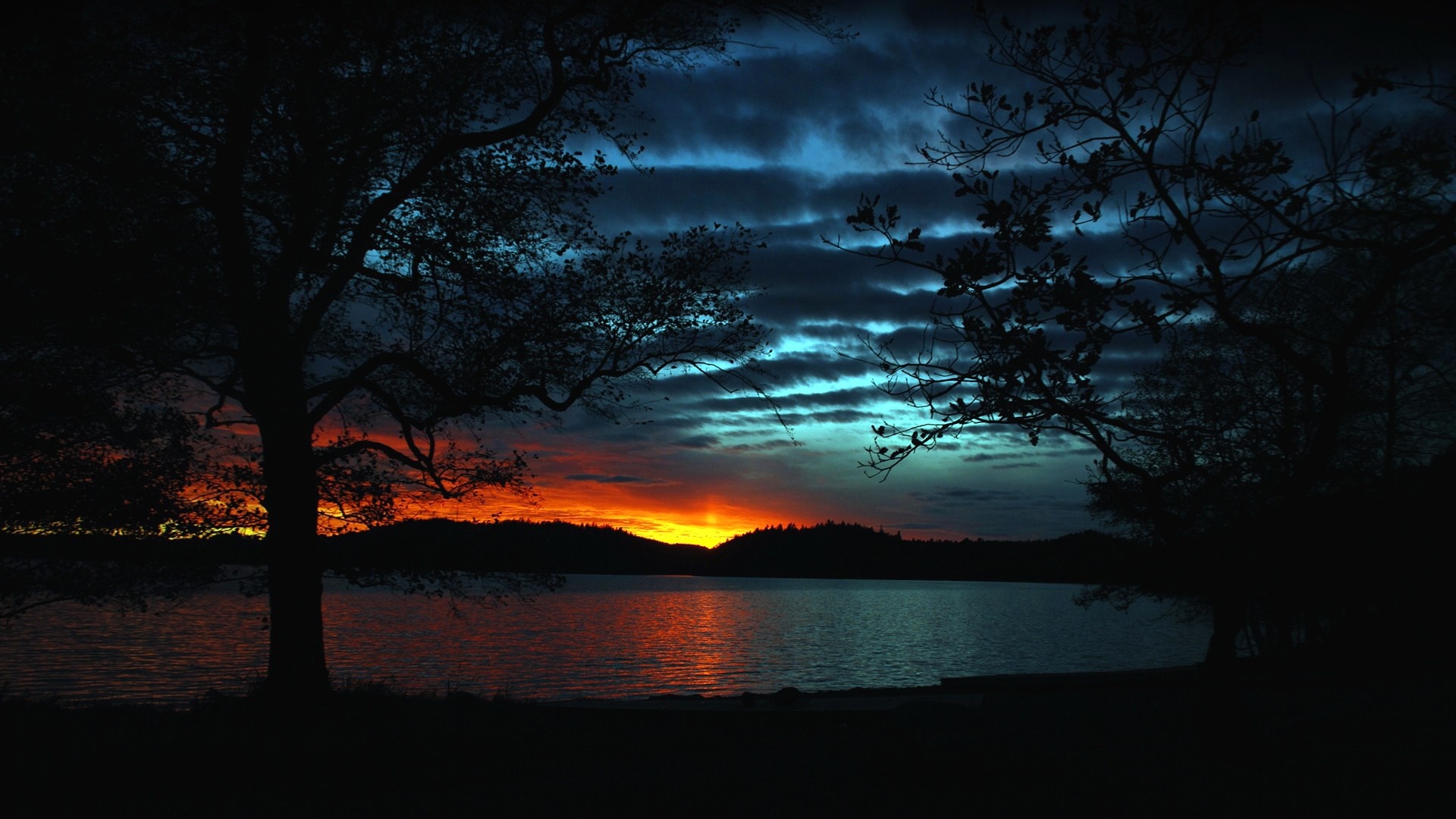 Sunset over a lake with silhouetted trees HD Wallpaper