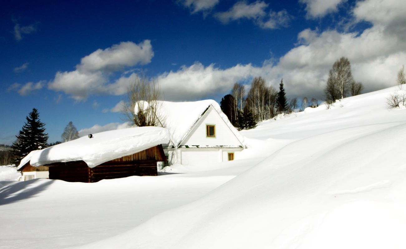 Snow covered houses in a winter landscape HD Wallpaper