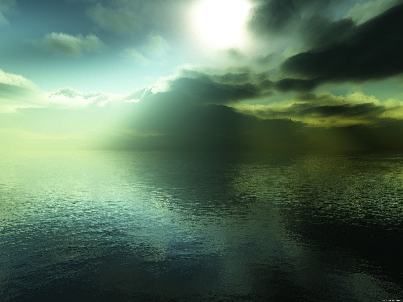 Sunlight breaking through dark clouds over the sea HD Wallpaper