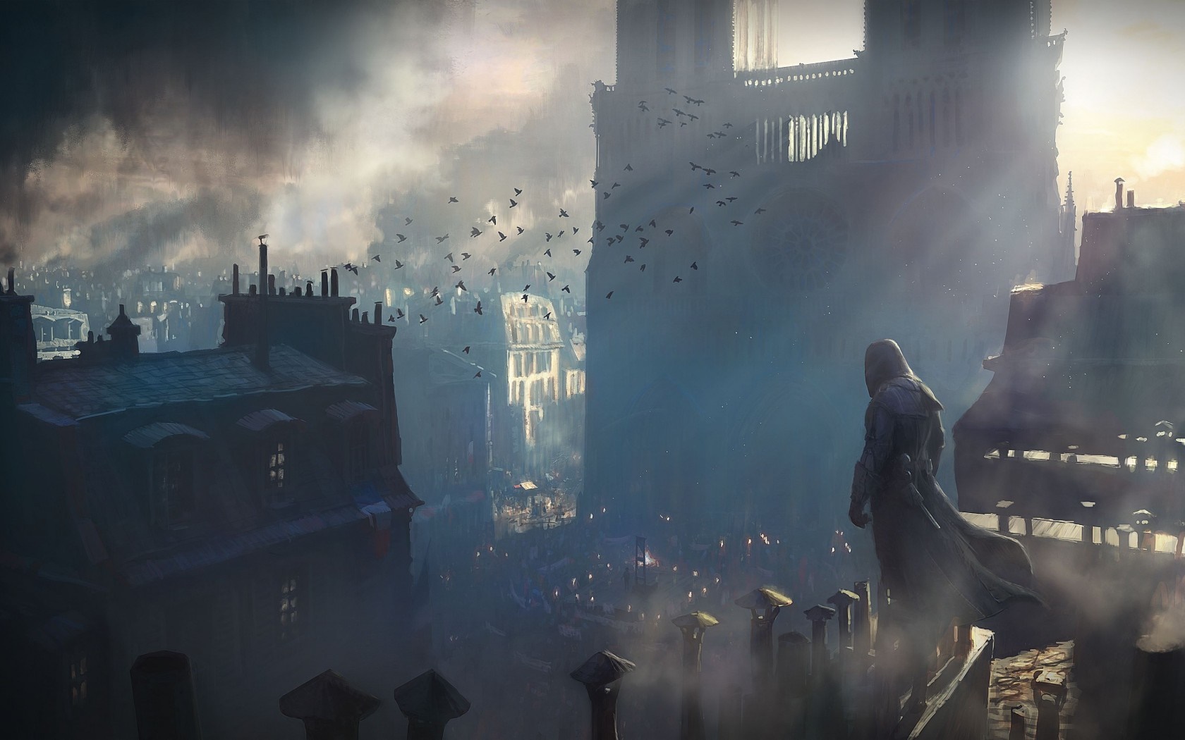 Assassin from Assassin's Creed overlooking Paris at night HD Wallpaper