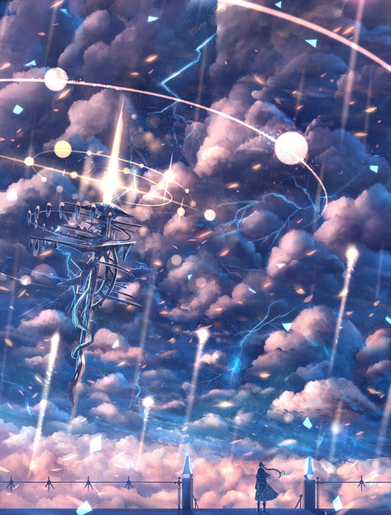 Anime girl watching lightning storm over clouds HD Wallpaper