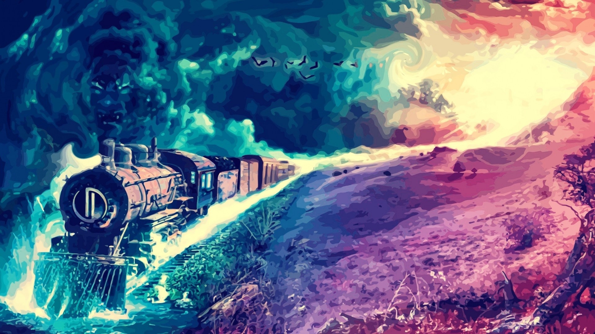 Fantasy train traveling through a colorful landscape HD Wallpaper
