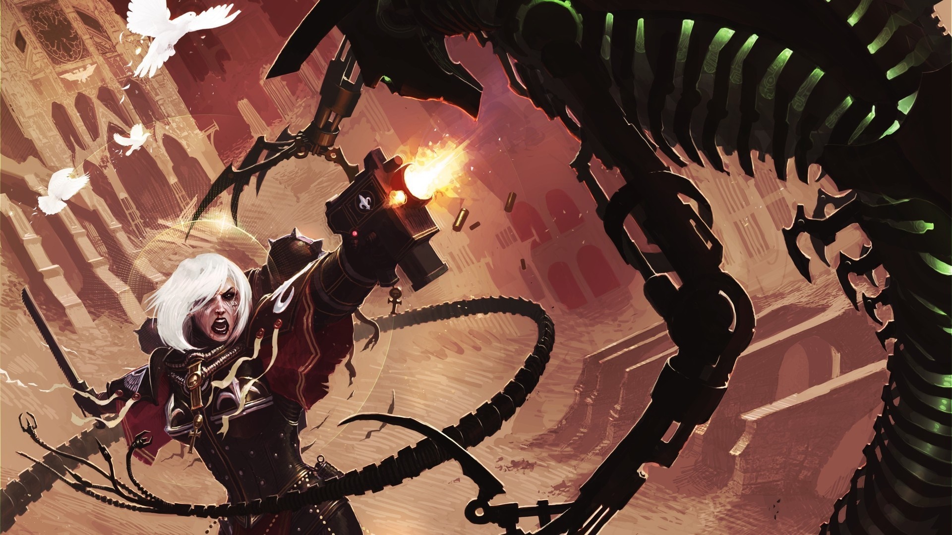 Sister of Battle fighting Necron from WH40K HD Wallpaper