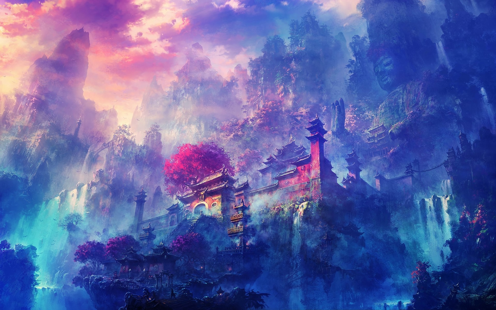 Fantasy landscape with mountains, waterfalls, and temples HD Wallpaper