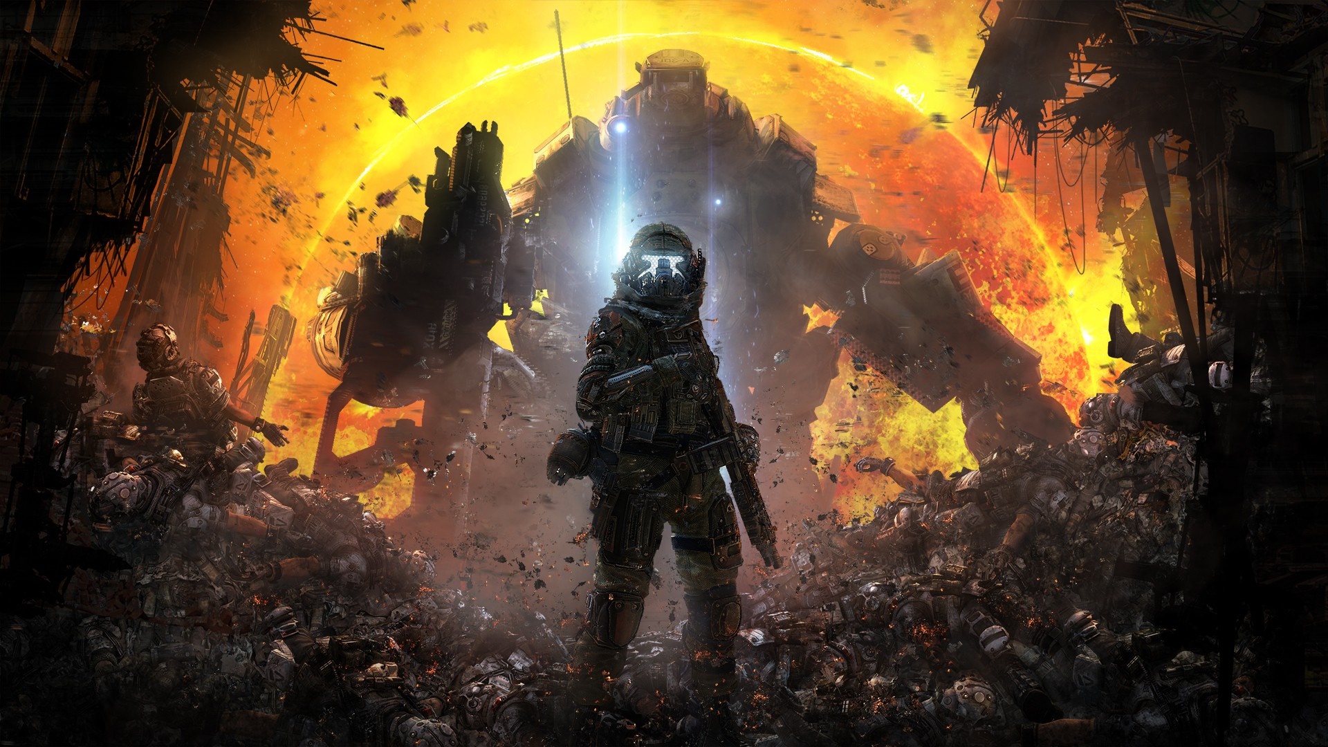 Pilot and Titan in a destroyed landscape with a large sun HD Wallpaper