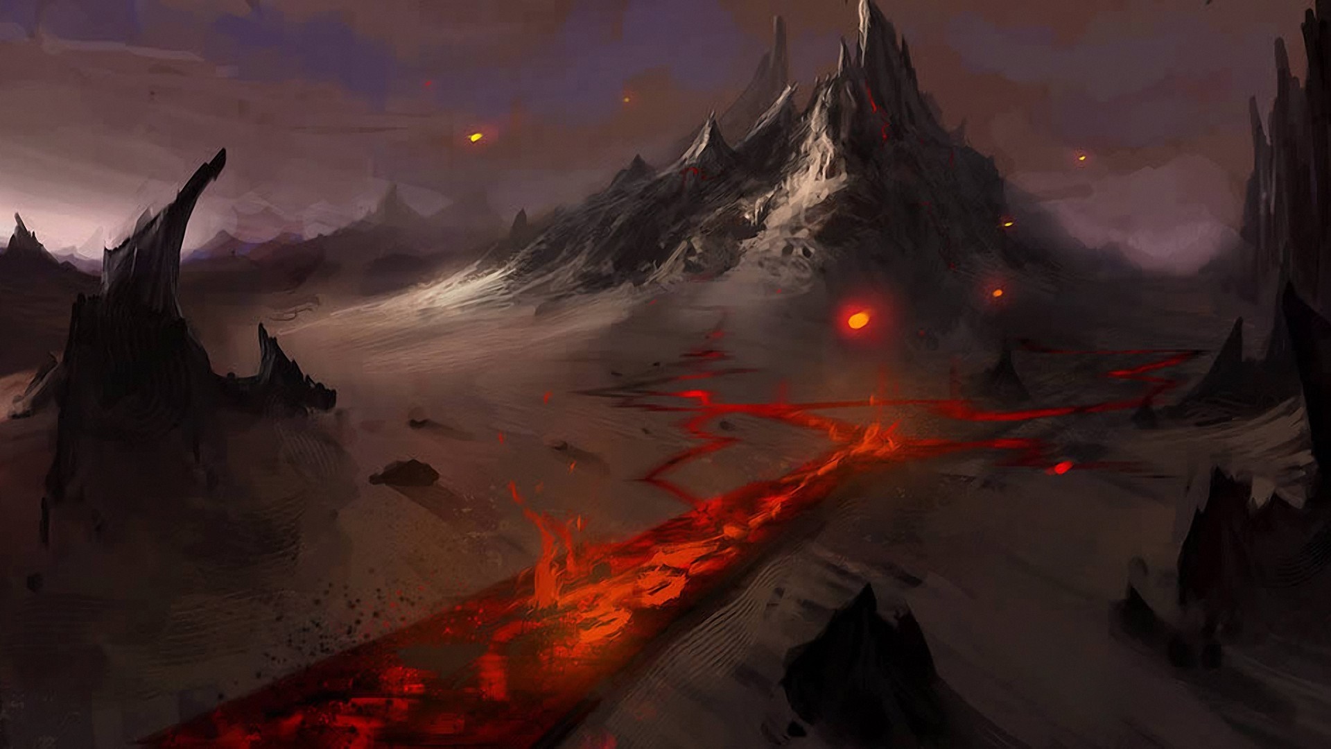 Volcanic landscape with lava river and mountains HD Wallpaper