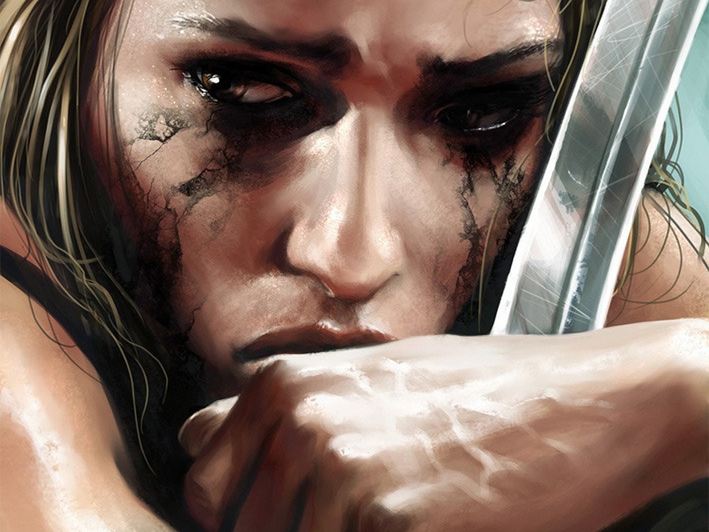 Close up of a woman's face with tears and a sword HD Wallpaper