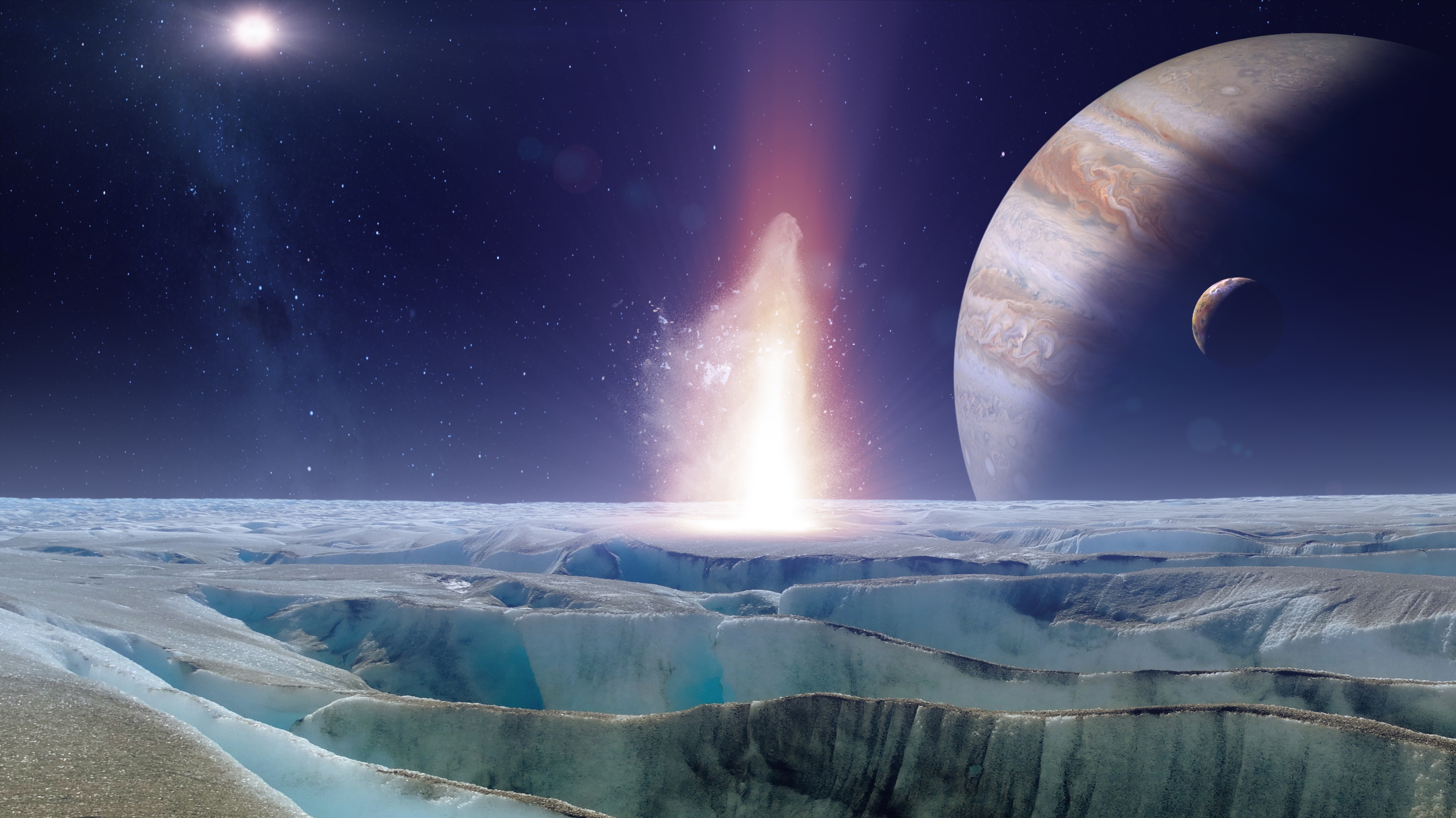 Ice moon with geyser eruption and Jupiter in space HD Wallpaper