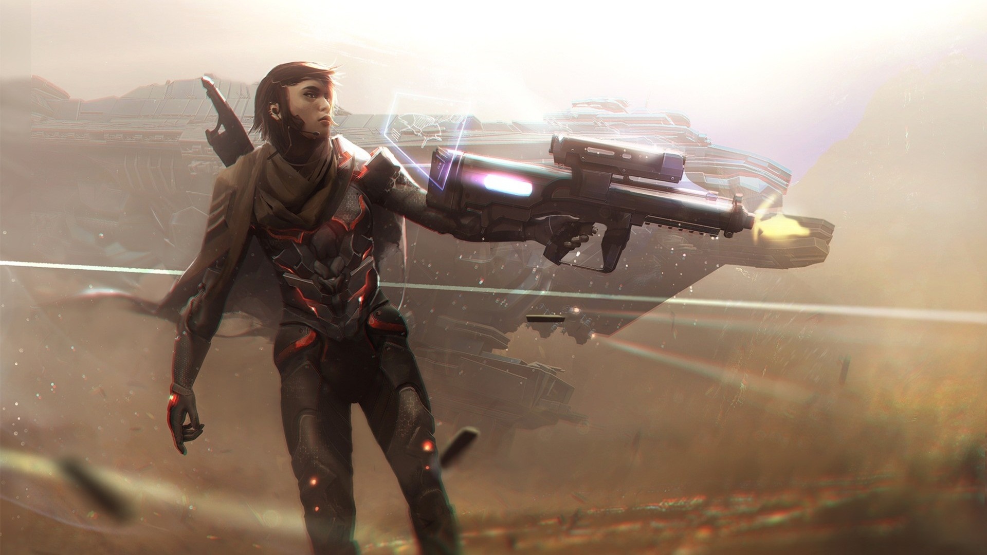 Sci-fi soldier firing a weapon with spaceship in background HD Wallpaper