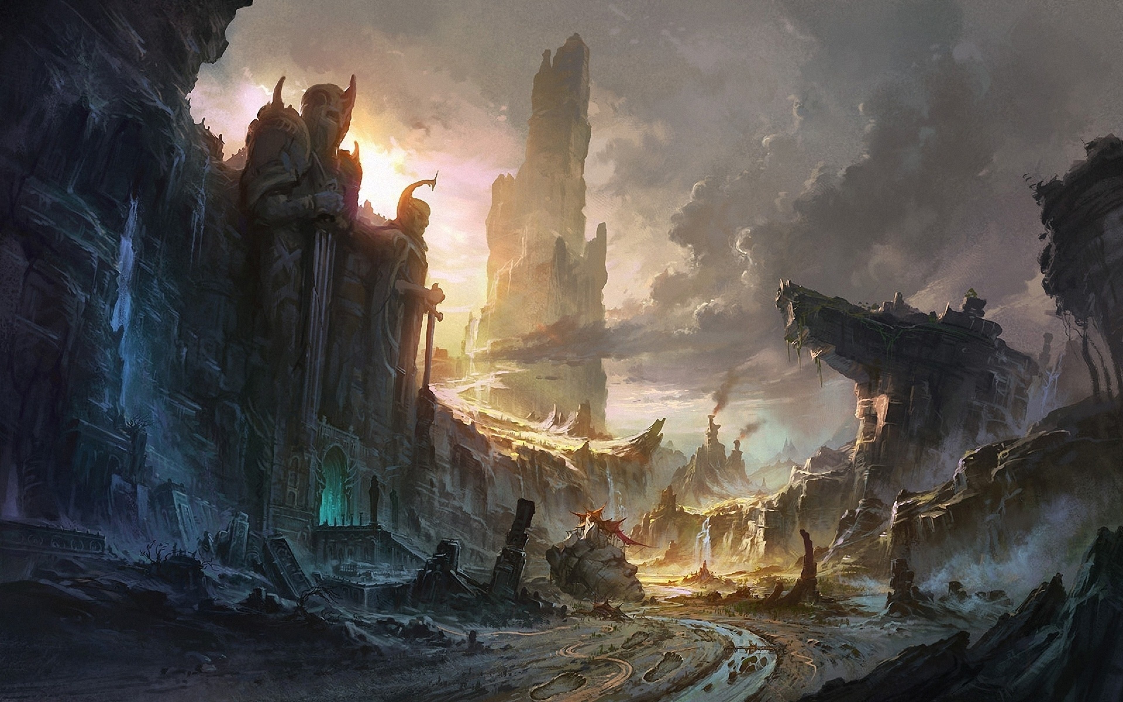 Fantasy landscape with ancient statues and rock formations HD Wallpaper