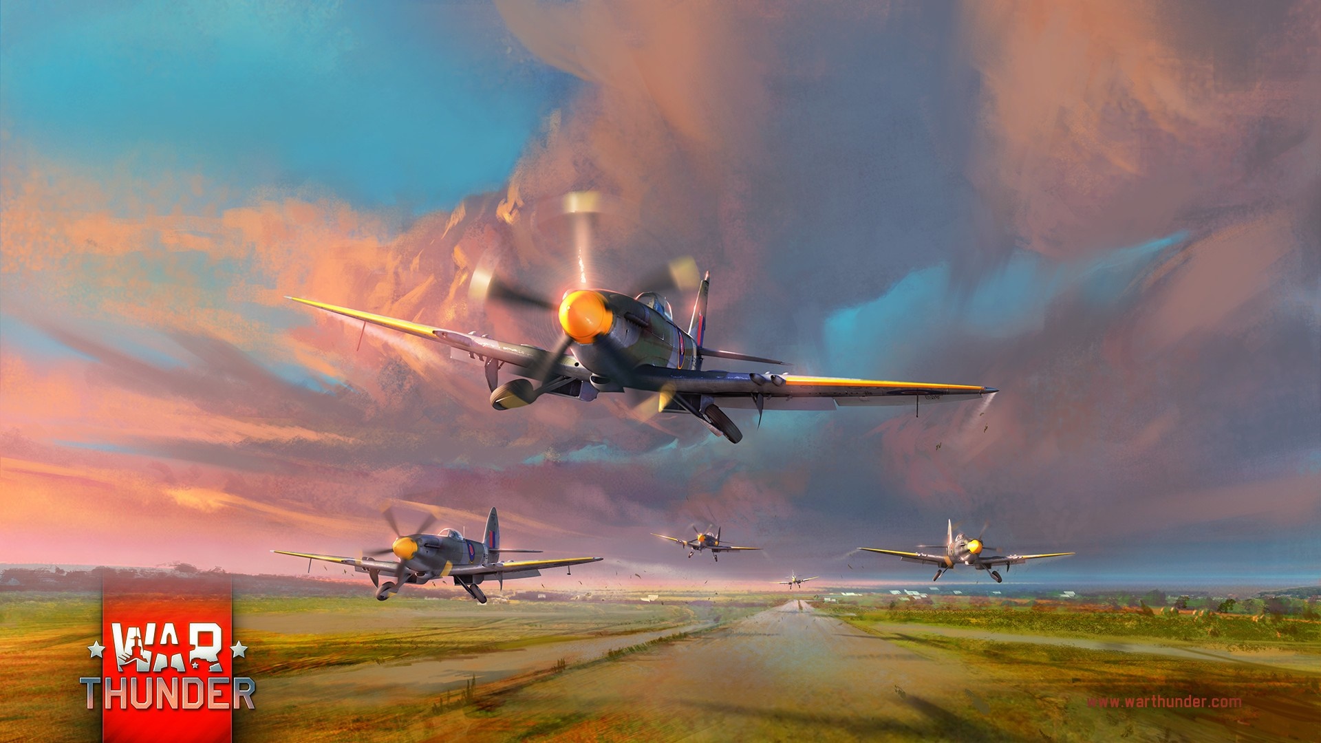War Thunder airplanes taking off at sunset HD Wallpaper