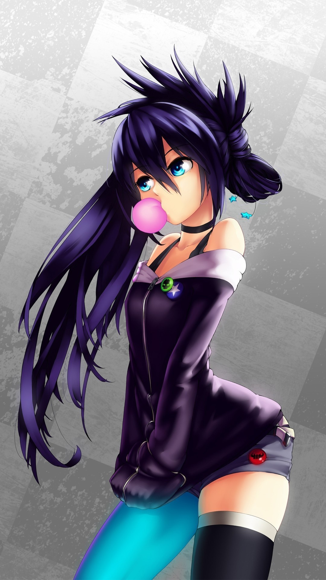 Anime girl with purple hair blowing bubble gum HD Wallpaper