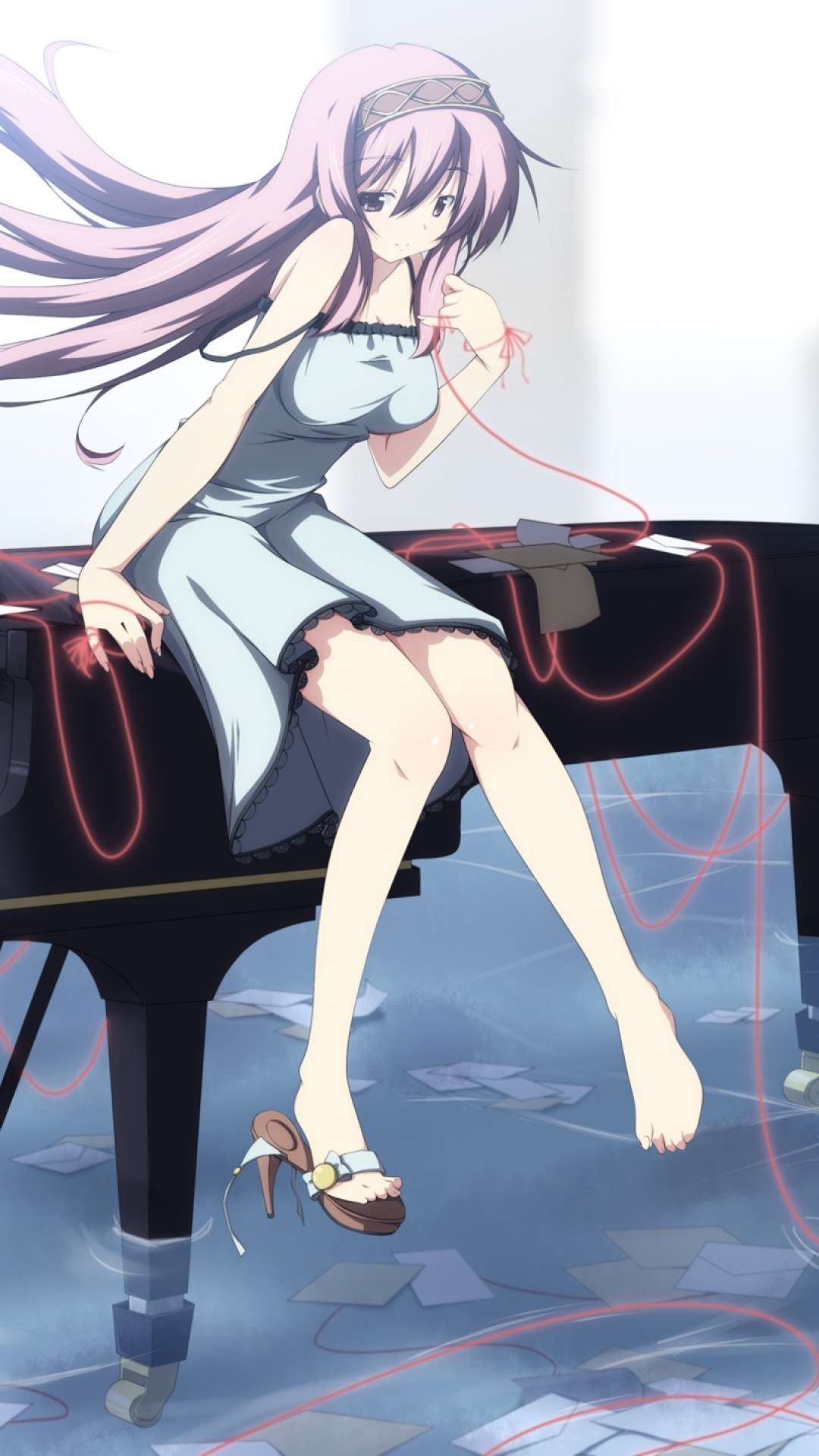 Anime girl with pink hair sitting on a piano HD Wallpaper