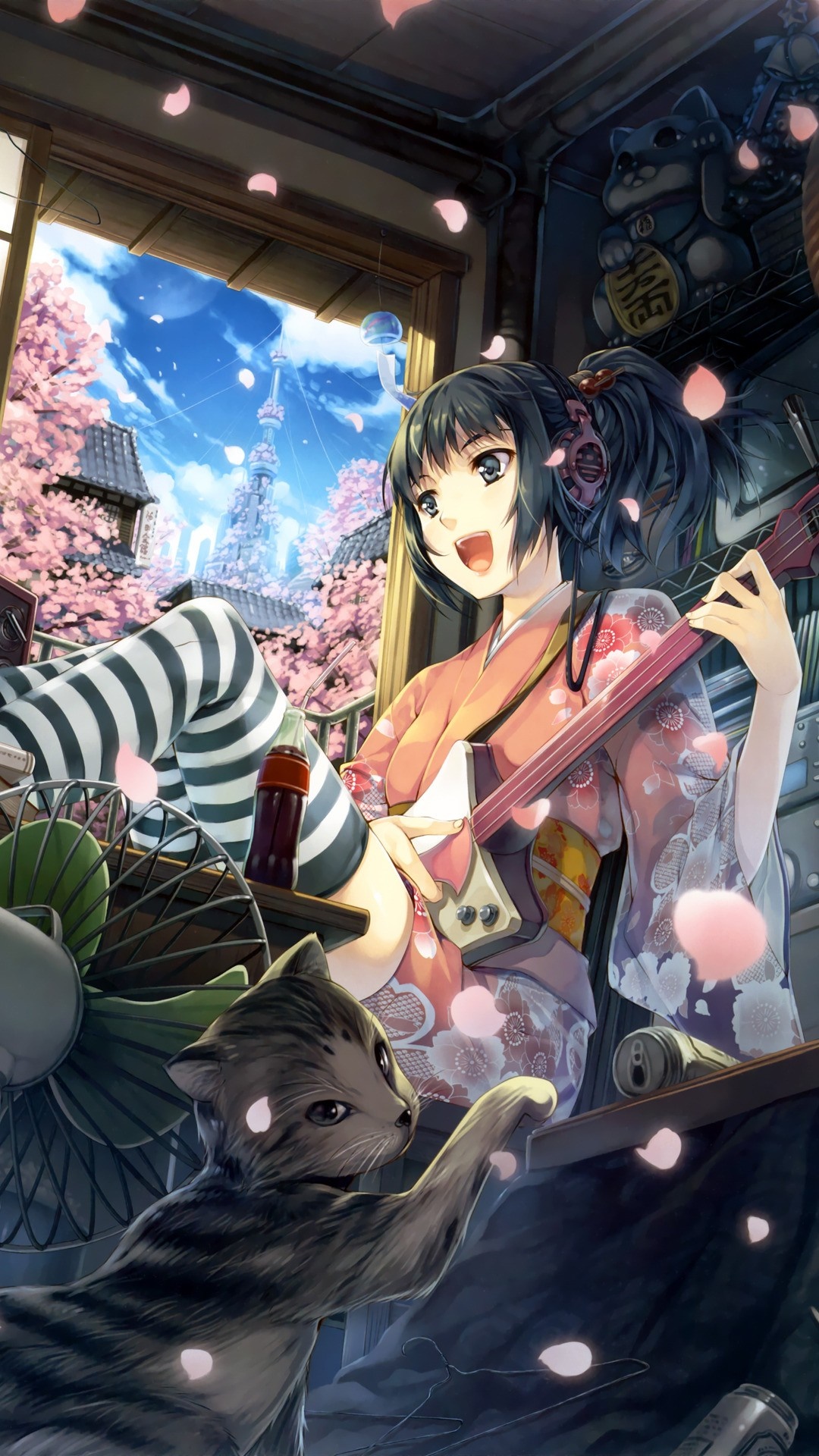 Anime girl playing shamisen with cat and Tokyo Tower view HD Wallpaper