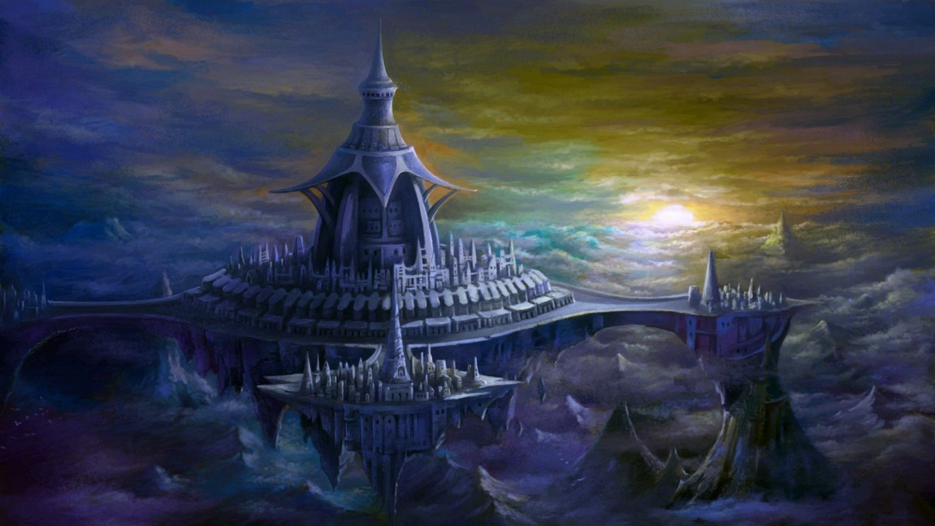 Fantasy city on floating islands at sunset HD Wallpaper