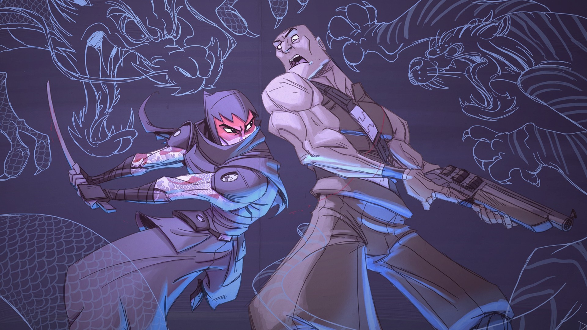 Two ninjas in front of dragon and tiger sketches HD Wallpaper