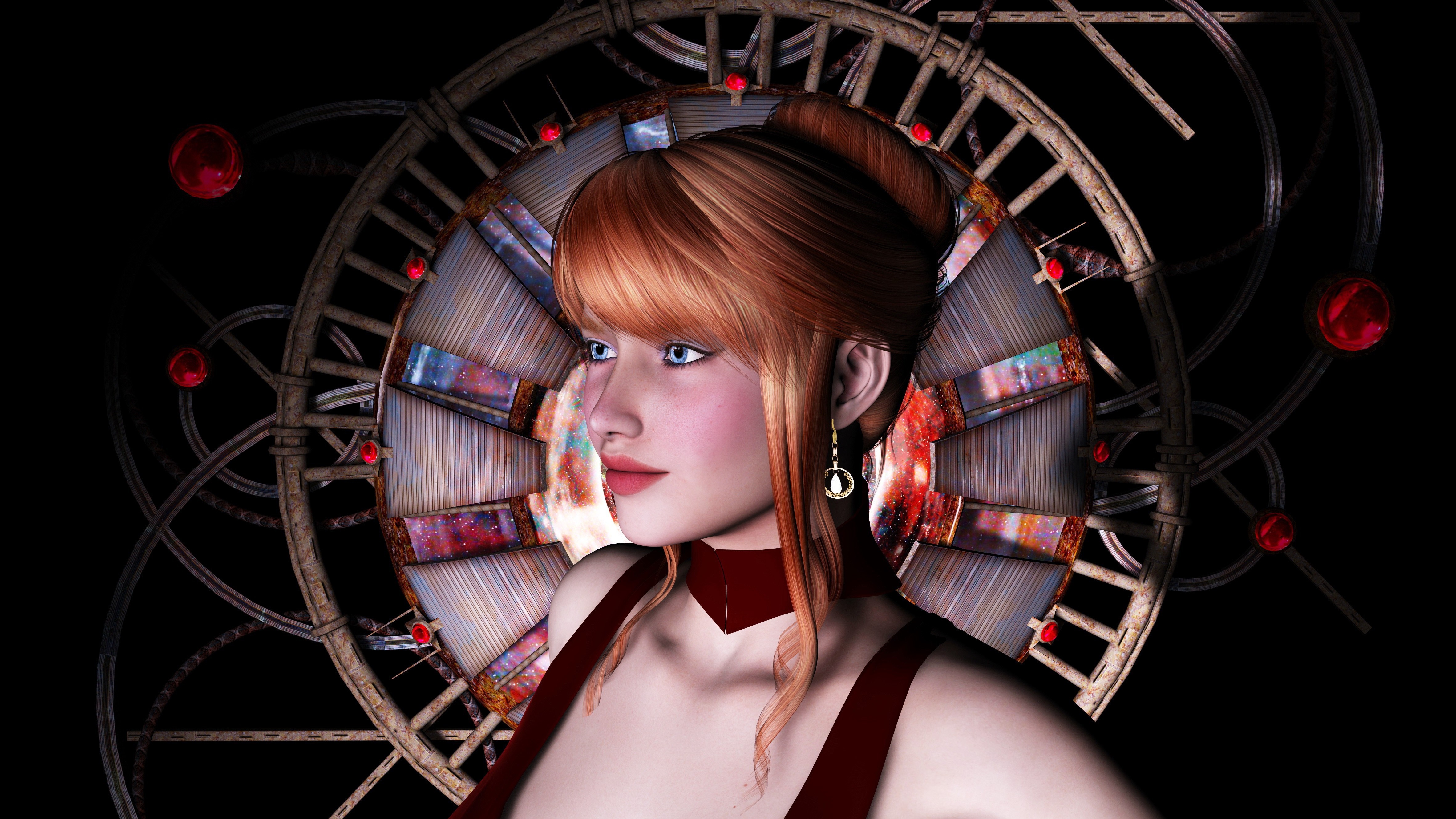 Woman with red hair in front of a clockwork background HD Wallpaper