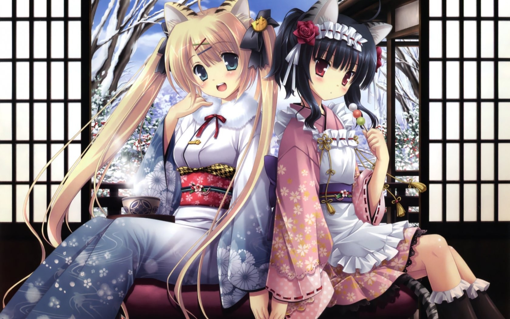 Two anime girls in kimonos with cat ears HD Wallpaper