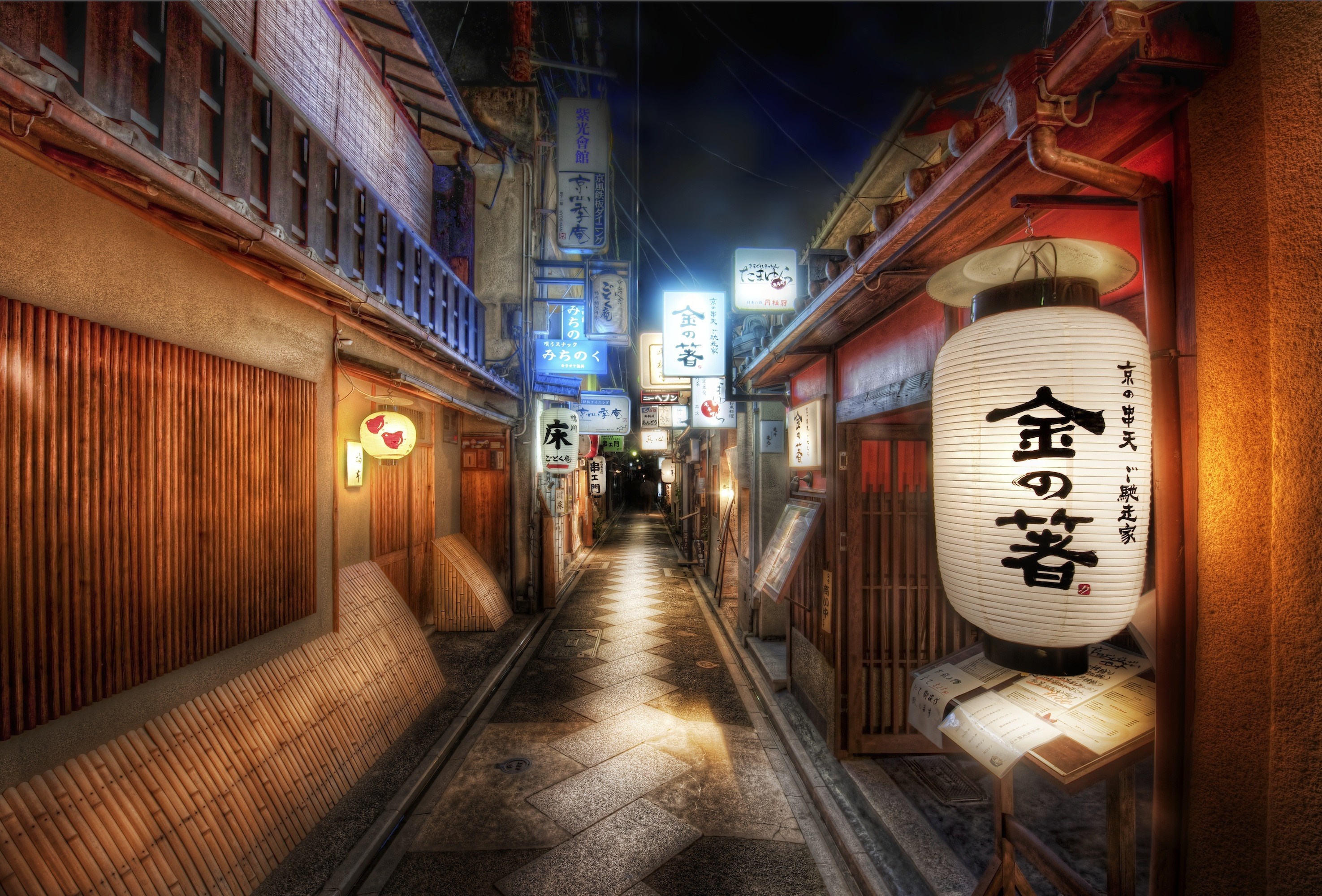 Night alley with Japanese lanterns and signs HD Wallpaper