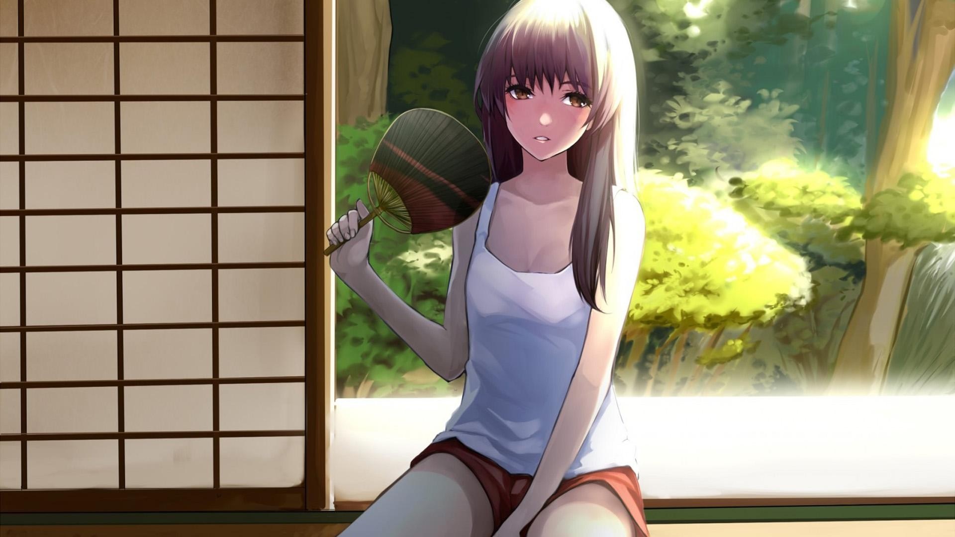 Anime girl with black hair holding a fan HD Wallpaper