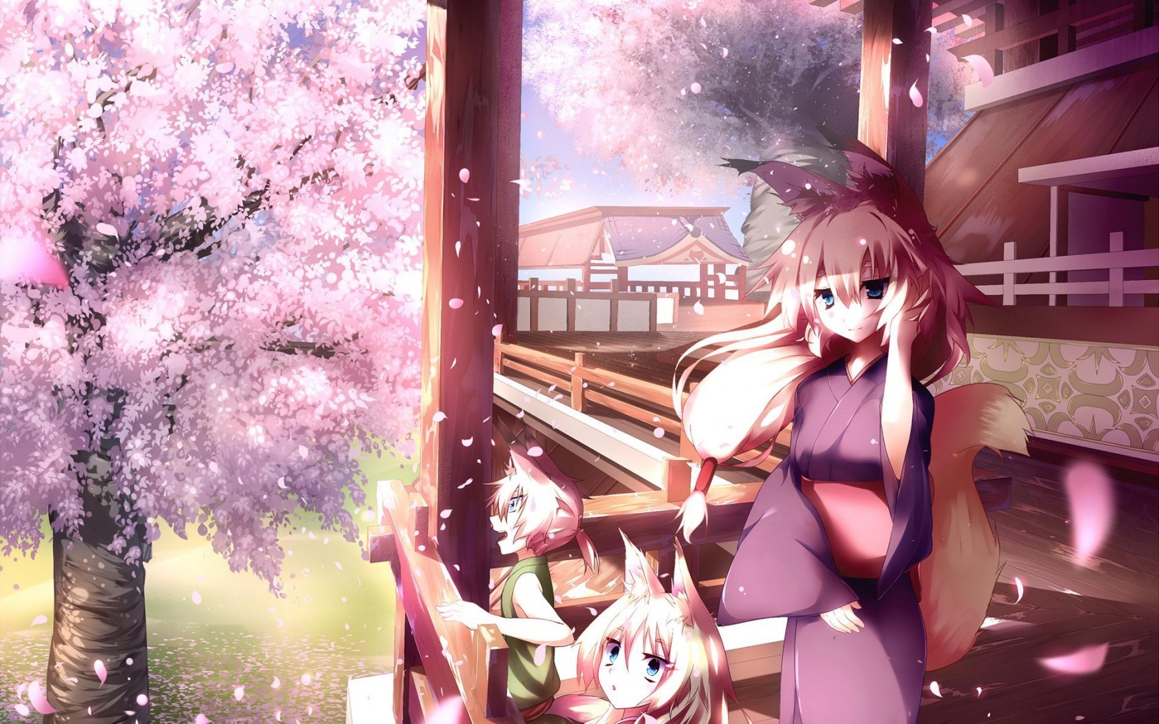 Anime girls with animal ears in traditional clothing under cherry blossoms HD Wallpaper